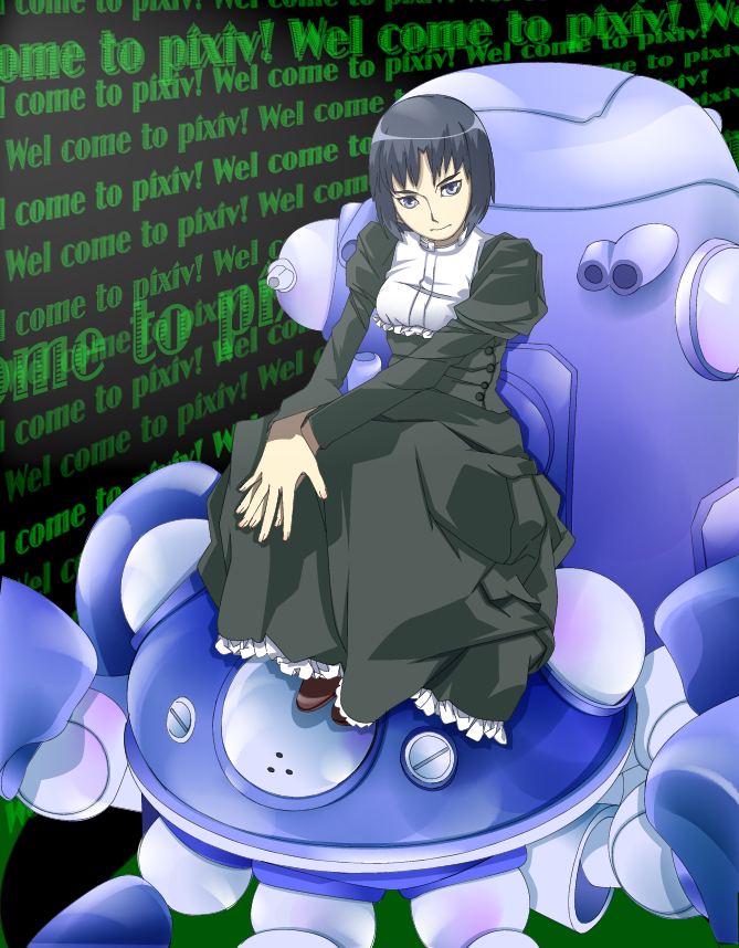 kazuha nanako, nanako (artist), kusanagi motoko, tachikoma, ghost in the shell, ghost in the shell: stand alone complex, bad id, bad pixiv id, spoilers, 00s, 1girl, aged down, alternate costume, black hair, blue eyes, child, cyberpunk, cyborg, dress, english text, engrish text, female focus, mecha, ranguage, robot, science fiction, short hair, sitting, solo