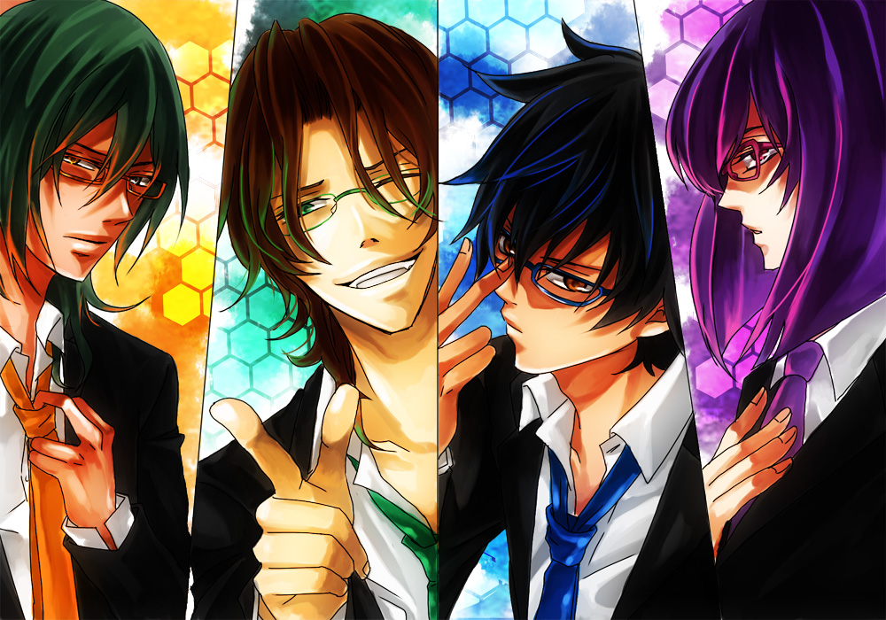kamu, kamu (camui), allelujah haptism, lockon stratos, setsuna f. seiei, tieria erde, gundam, gundam 00, bad id, bad pixiv id, 00s, 4boys, brown hair, glasses, male focus, multiple boys, purple hair