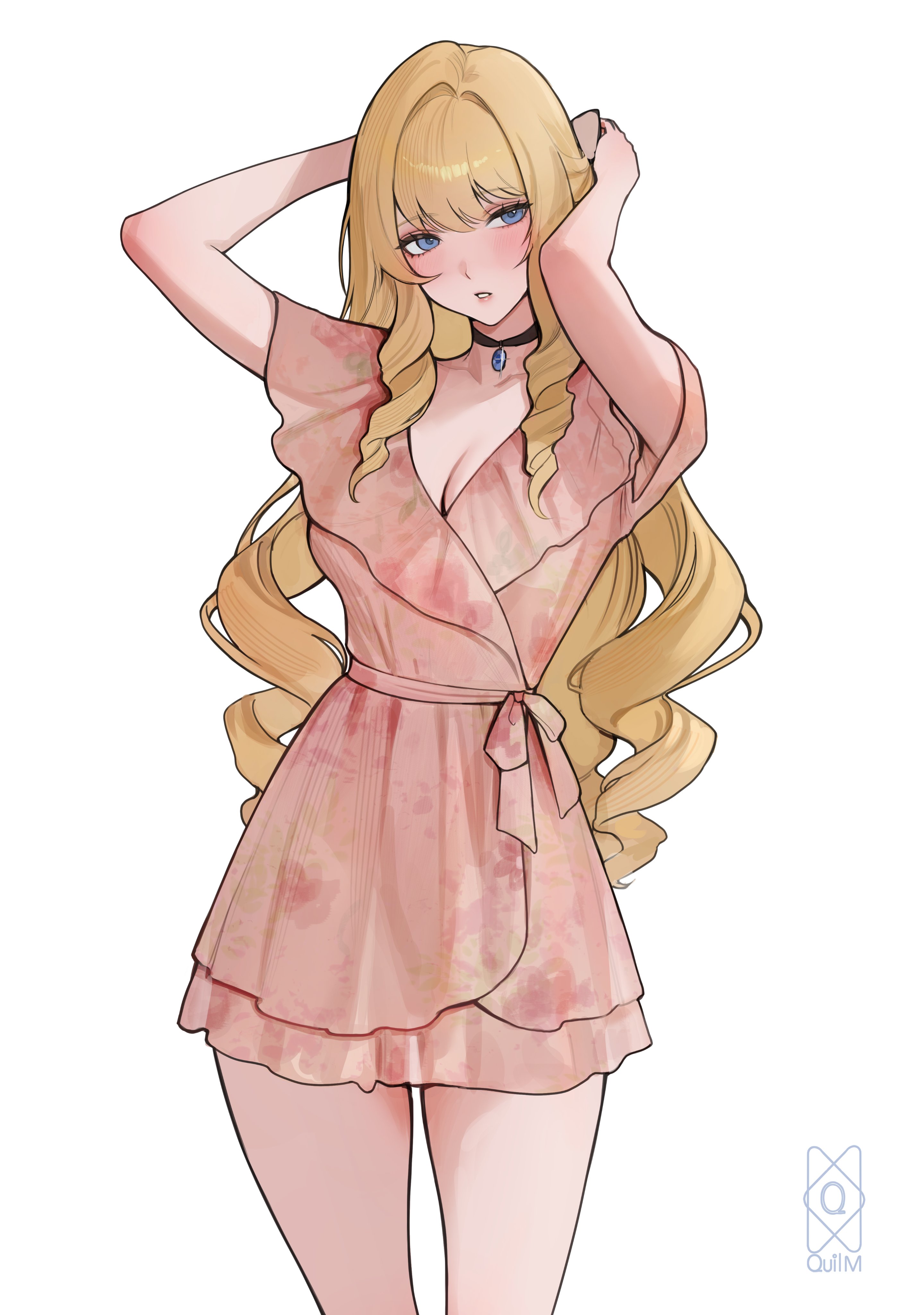 quilm, navia (genshin impact), genshin impact, absurdres, highres, 1girl, adjusting hair, alternate costume, arms behind head, arms up, black choker, blonde hair, blue eyes, breasts, choker, cleavage, dress, drill hair, drill sidelocks, floral print, long hair, medium breasts, parted lips, pink dress, sidelocks, simple background, solo, standing, white background