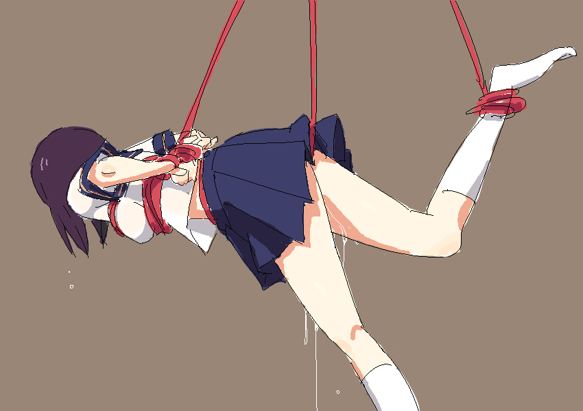 1girl, arms behind back, bdsm, bondage, bound, breasts, brown hair, crotch rope, female focus, kneehighs, medium breasts, oekaki, pussy juice, red theme, rope, saliva, school uniform, serafuku, skirt, socks, solo, suspension