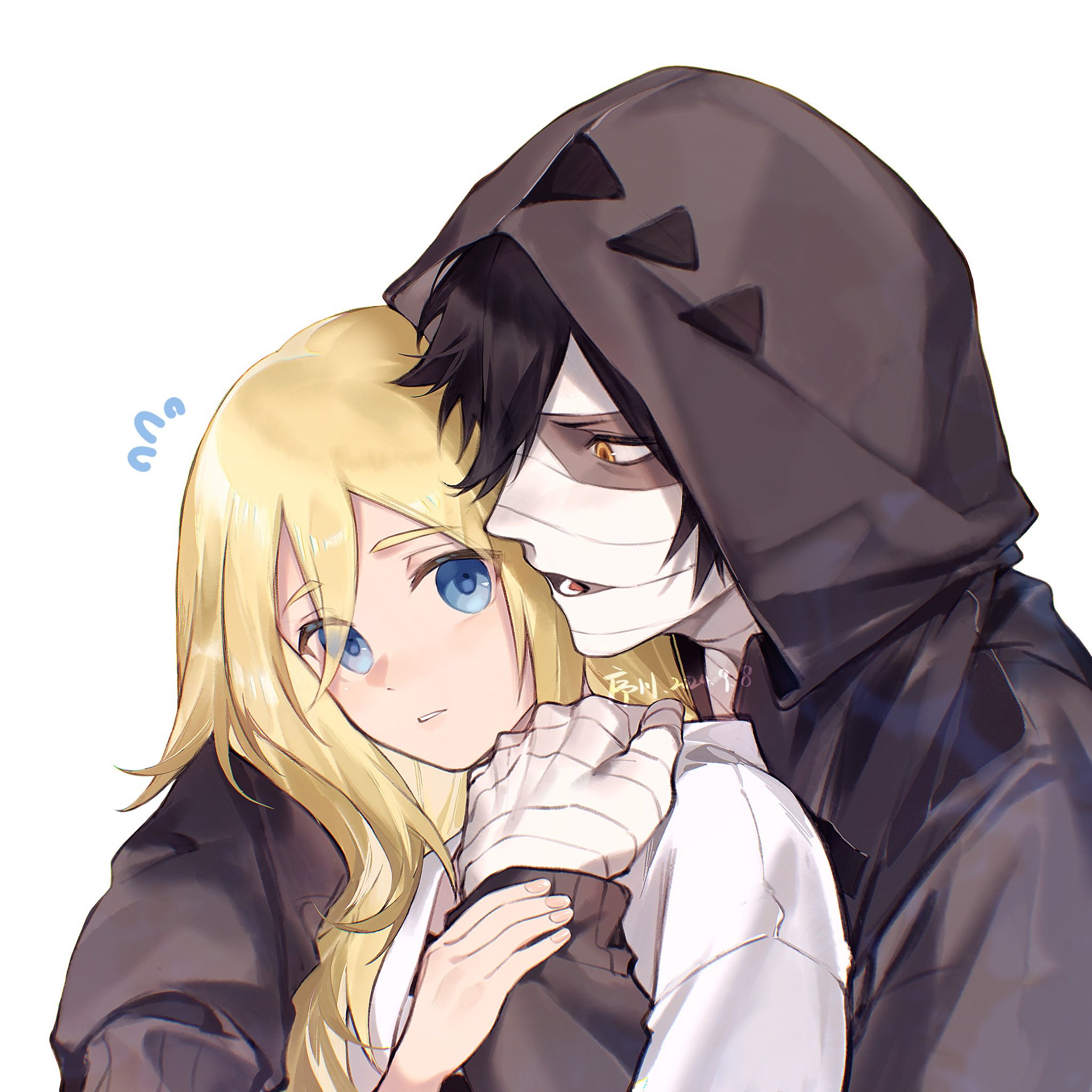 xuchuan, isaac foster, rachel gardner, satsuriku no tenshi, commentary request, highres, 1boy, 1girl, bandaged arm, bandaged head, bandages, black hair, blonde hair, blue eyes, brown hoodie, flying sweatdrops, hand on another's arm, hand on another's shoulder, hetero, hood, hood up, hoodie, hug, hug from behind, looking at another, looking at viewer, lower teeth only, open mouth, parted lips, shirt, simple background, teeth, upper body, white background, white shirt, yellow eyes