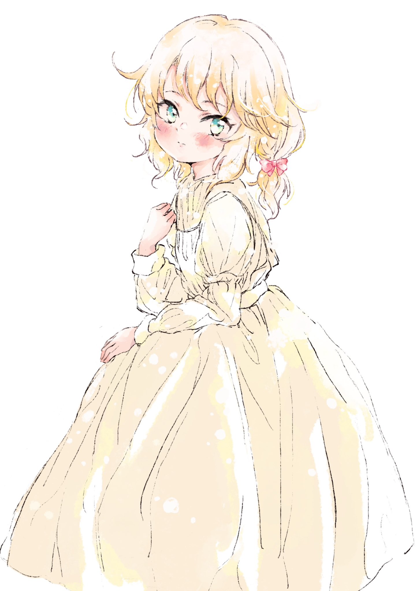 shin fuj, sakurai momoka, idolmaster, idolmaster cinderella girls, highres, 1girl, blonde hair, blush, dress, green eyes, looking at viewer, medium hair, simple background, solo, white background
