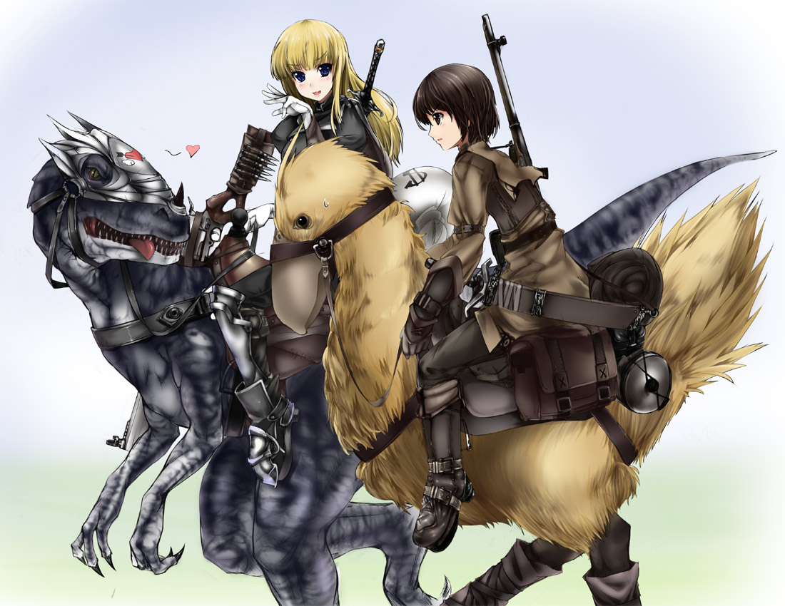 abubu, chocobo, final fantasy, 2girls, armor, bag, barding, blonde hair, blue eyes, boots, brown eyes, brown hair, bullet, claws, dinosaur, gloves, gun, heart, long hair, money bag, multiple girls, profile, riding, riding dinosaur, rifle, saddle, satchel, short hair, sweatdrop, sword, teeth, weapon