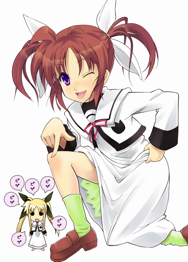 boshi (a-ieba), boshinote, fate testarossa, takamachi nanoha, lyrical nanoha, mahou shoujo lyrical nanoha, bad id, bad pixiv id, 00s, 2girls, blonde hair, multiple girls, one eye closed, school uniform, socks, wink