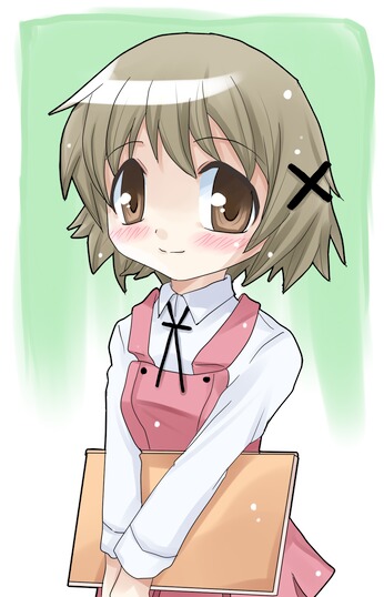 akudama geku, yuno (hidamari sketch), hidamari sketch, 00s, 1girl, blush, brown eyes, dress, female focus, grey hair, hair ornament, hairclip, school uniform, short hair, sketchbook, smile, solo, v arms, yamabuki high school uniform