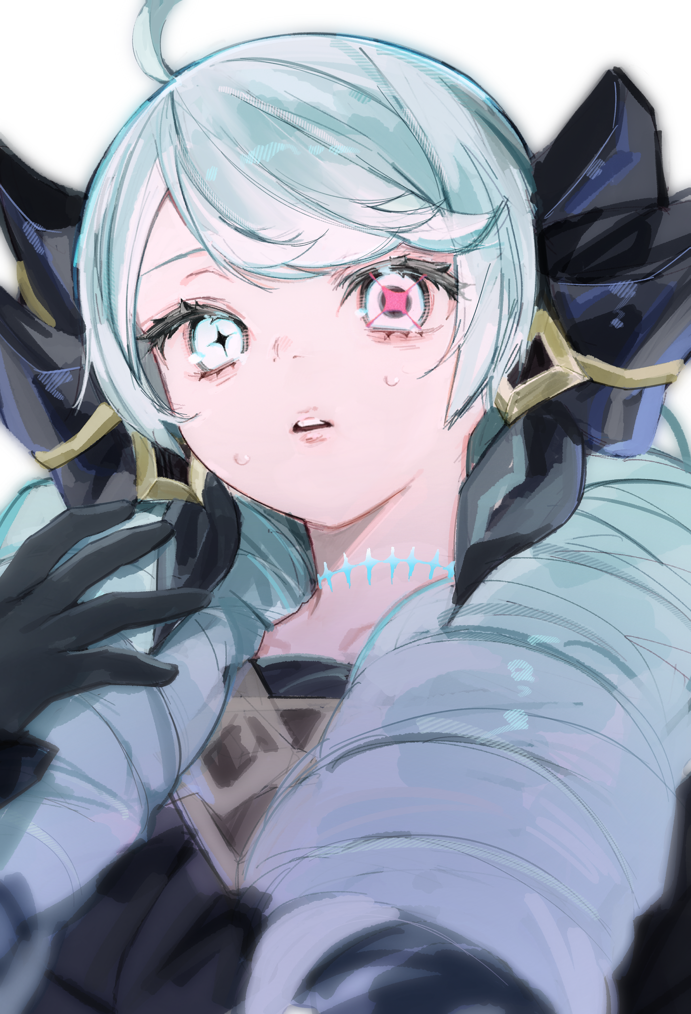nakiyande, gwen (league of legends), league of legends, absurdres, commentary request, highres, 1girl, ahoge, bare shoulders, black bow, black gloves, bow, drill hair, gloves, green eyes, green hair, grey background, hair bow, long hair, solo, star-shaped pupils, star (symbol), sweat, symbol-shaped pupils, tearing up, teeth, twin drills, twintails