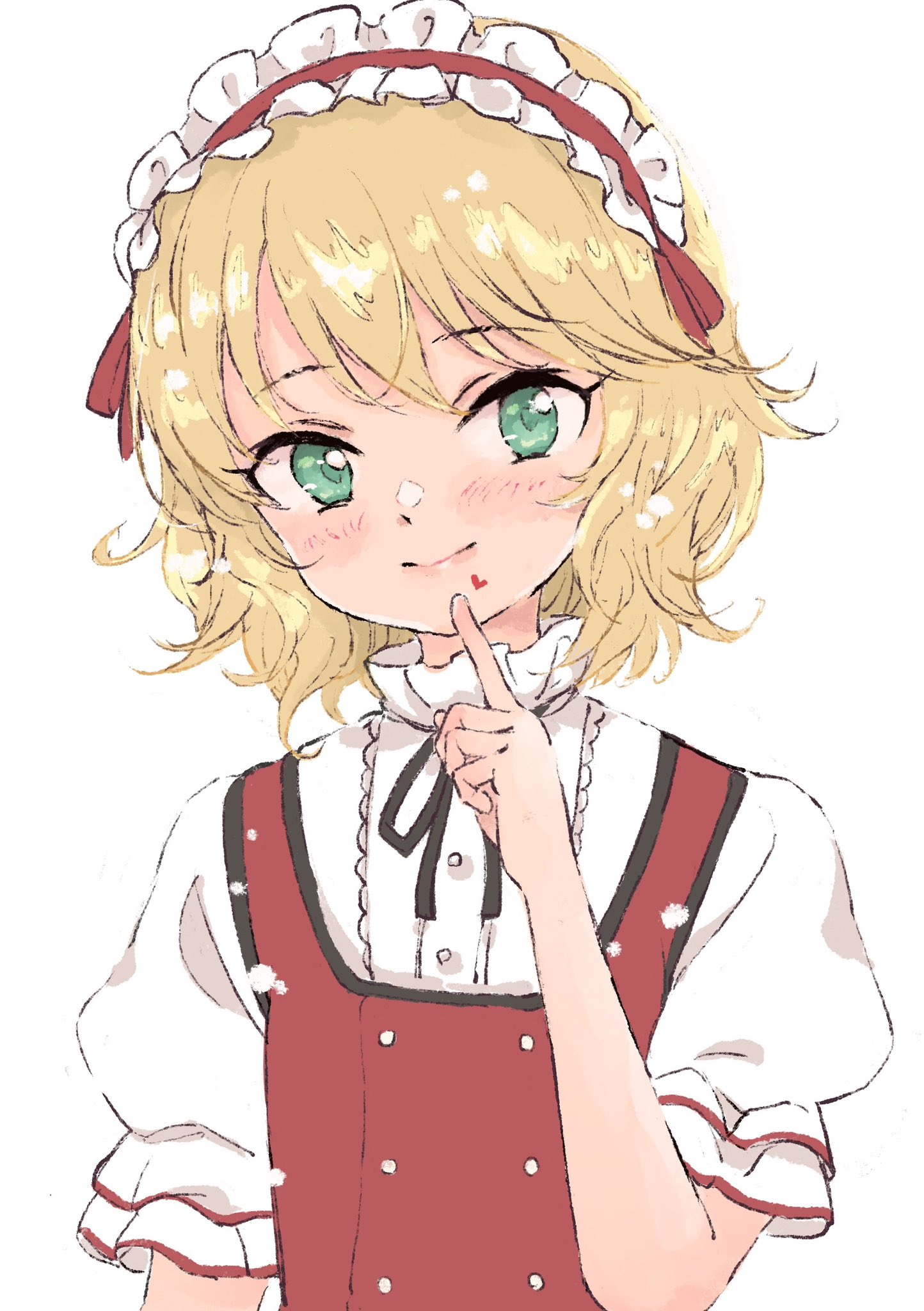 shin fuj, sakurai momoka, idolmaster, idolmaster cinderella girls, highres, 1girl, blonde hair, blush, green eyes, hairband, heart, lolita hairband, looking at viewer, short hair, smile, solo, upper body