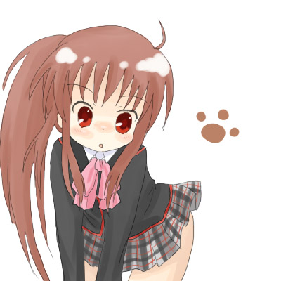 sakuramori sumomo, natsume rin, little busters!, lowres, 1girl, bow, brown hair, female focus, long hair, pink bow, plaid clothes, plaid skirt, ponytail, red eyes, school uniform, skirt, solo