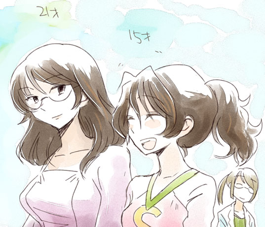 koi (k51), billy katagiri, kati mannequin, lisa kujo, sumeragi lee noriega, gundam, gundam 00, bad id, bad pixiv id, 00s, aged down, closed eyes, glasses, ponytail
