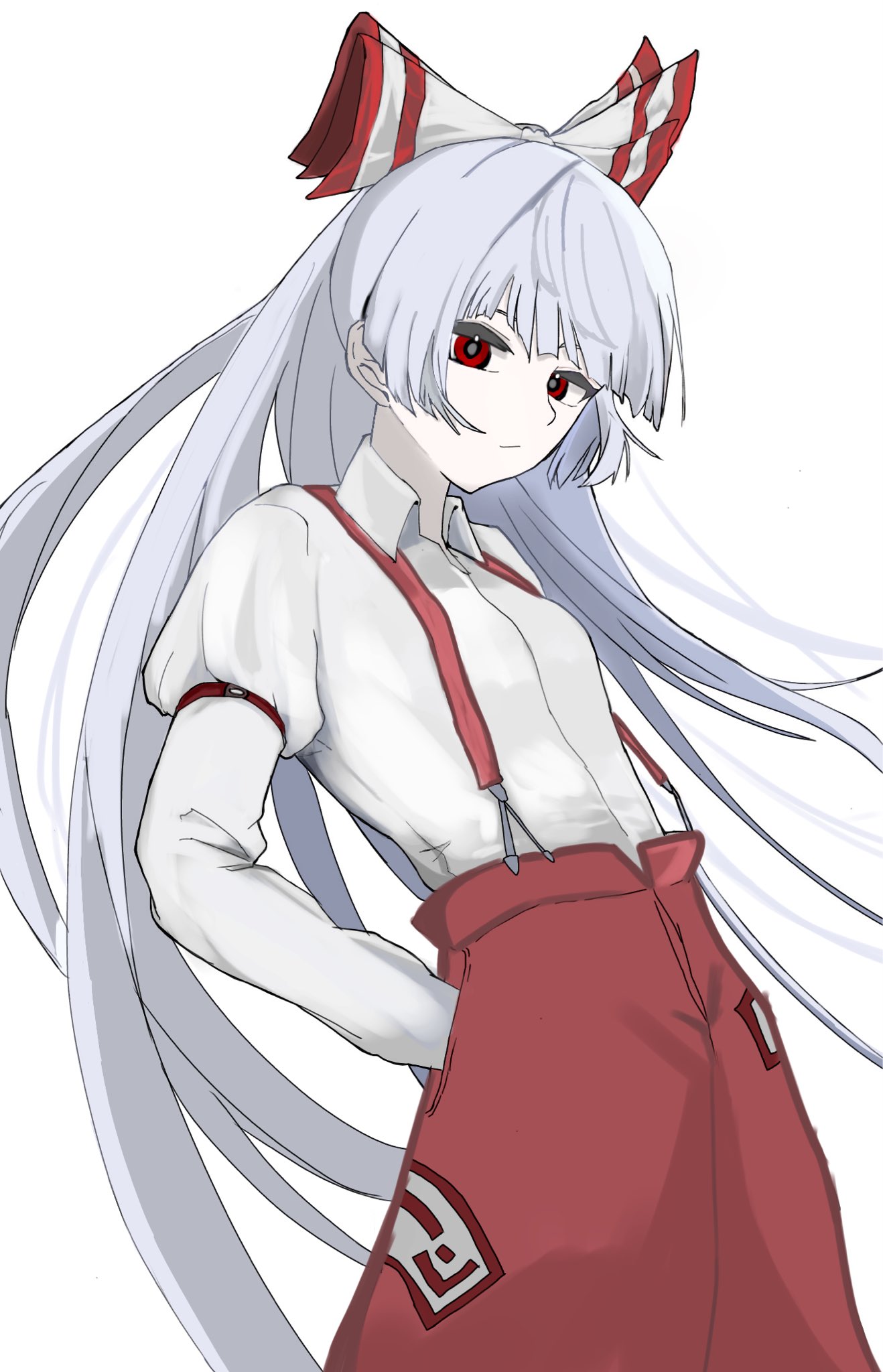 fujiwara no mokou, touhou, highres, 1girl, armband, bow, expressionless, hair bow, hands in pockets, long hair, looking at viewer, min122309, pants, red eyes, red pants, shirt, simple background, solo, standing, suspenders, white background, white hair, white shirt