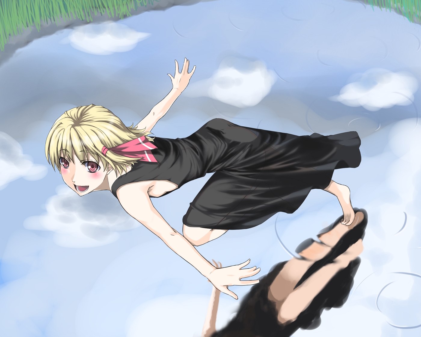 haruichi (komikal), rumia, embodiment of scarlet devil, touhou, 1girl, barefoot, blonde hair, breasts, feet, female focus, full body, hair ribbon, nature, outdoors, red eyes, reflection, reflective water, ribbon, running, short hair, sideboob, sky, small breasts, solo, water