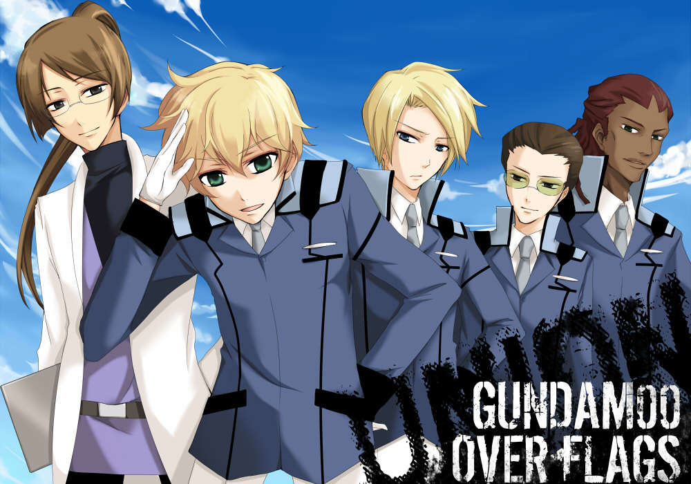 pon tarou, billy katagiri, daryl dodge, graham aker, howard mason, joshua, joshua edwards, gundam, gundam 00, bad id, bad pixiv id, 00s, 5boys, black hair, blonde hair, blue sky, buttons, dark-skinned male, dark skin, day, long hair, long sleeves, looking at viewer, male focus, military, military uniform, multiple boys, ponytail, sky