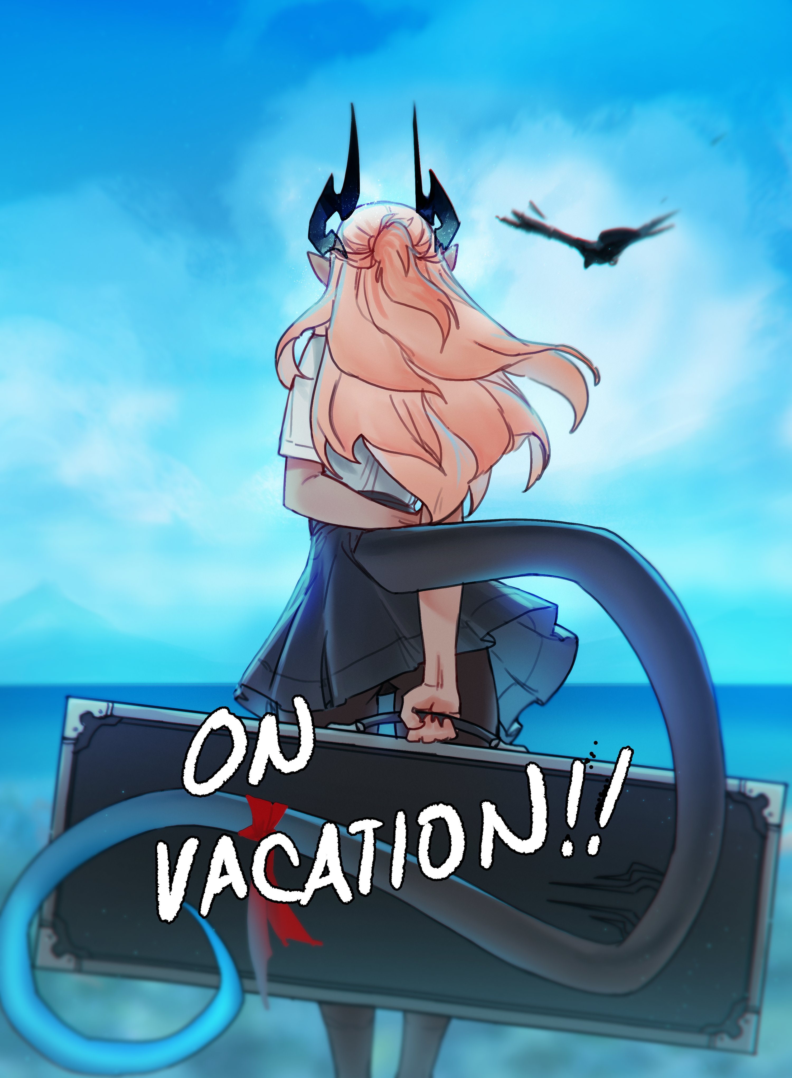 less, aiko (less), original, absurdres, commentary, english commentary, highres, 1girl, arms behind back, bird, black pantyhose, black skirt, day, english text, feet out of frame, from behind, half updo, high-waist skirt, horns, long hair, outdoors, pantyhose, pink hair, pointy ears, shirt, short sleeves, skirt, solo, tail, white shirt