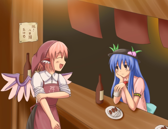phantom2071, hinanawi tenshi, mystia lorelei, touhou, bad id, bad pixiv id, translated, 2girls, apron, blue hair, bottle, closed eyes, female focus, food, food stand, fruit, grill, hat, leaf, multiple girls, noren, peach, pink hair, wings