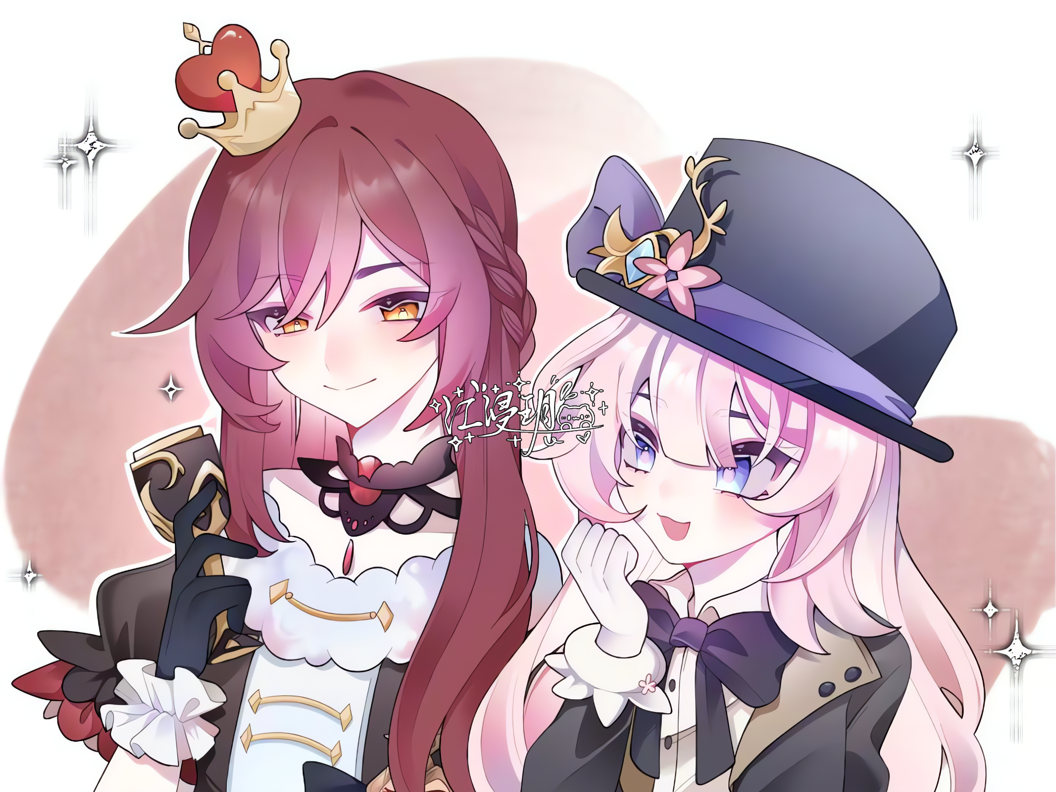 eden (honkai impact), elysia (honkai impact), honkai (series), honkai impact 3rd, chinese commentary, commentary request, commission, highres, 2girls, alternate costume, black bow, black bowtie, black coat, black dress, black gloves, blue eyes, bow, bowtie, brown hair, coat, crown, cup, dress, gloves, hat, holding, holding cup, long hair, mini crown, multiple girls, pink hair, sakura-ying88792, smile, top hat, two-tone background, very long hair, white gloves, yellow eyes