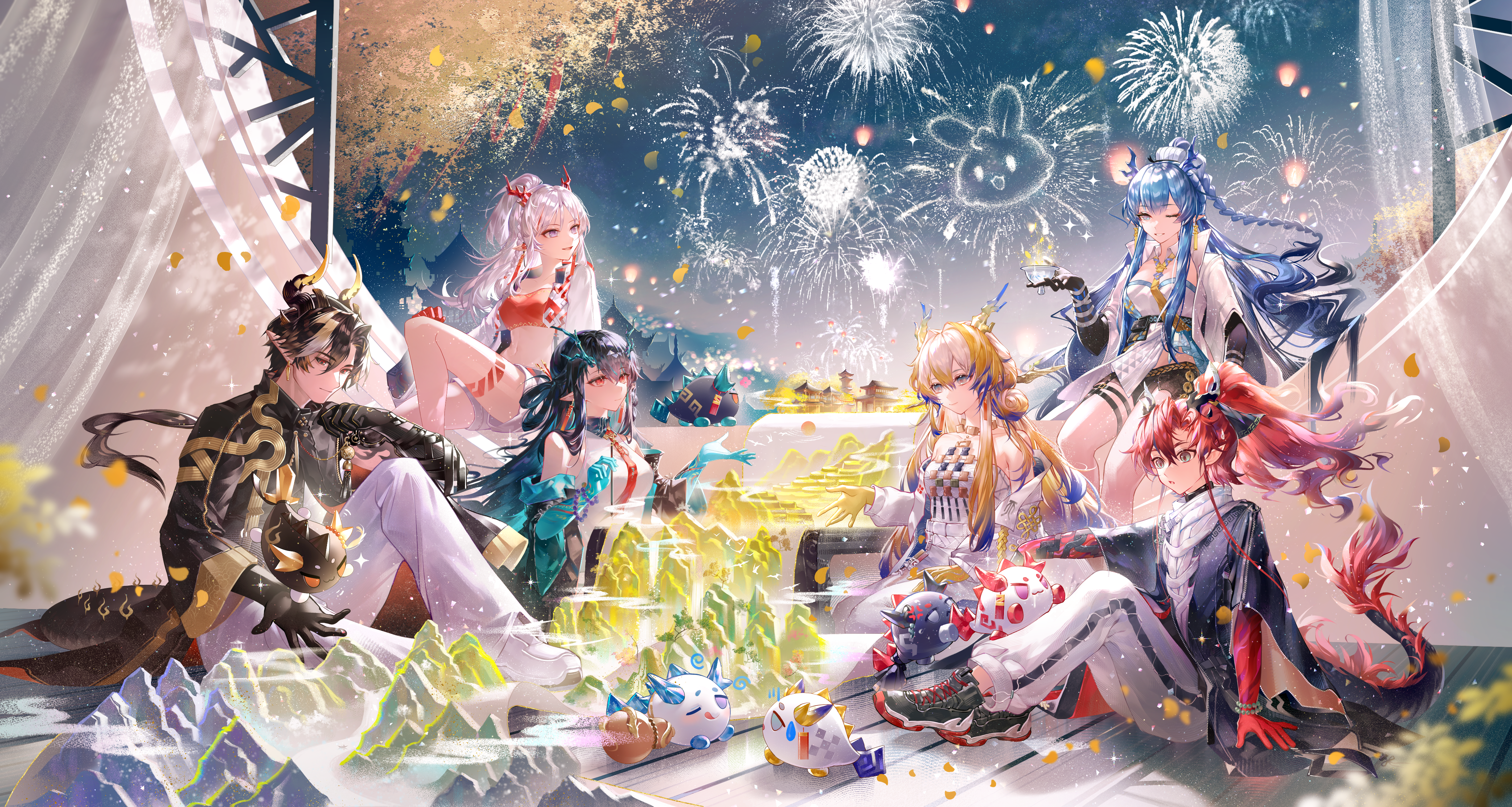 mukaend, chongyue (arknights), dusk (arknights), ling (arknights), nian (arknights), shu (arknights), yu (arknights), arknights, absurdres, highres, 2boys, 4girls, aerial fireworks, bead necklace, beads, black hair, black shoes, blonde hair, blue hair, braid, breasts, brother and sister, cup, dragon boy, dragon bubble (arknights), dragon girl, dragon horns, dragon tail, earrings, eastern dragon horns, eastern dragon tail, fireworks, green eyes, hair between eyes, hair ornament, holding, holding cup, horns, jacket, jewelry, long hair, long sleeves, medium breasts, multicolored hair, multiple boys, multiple girls, necklace, pants, pointy ears, red hair, red tube top, shirt, shoes, short shorts, shorts, siblings, sitting, strapless, strapless shirt, tail, tassel, tassel earrings, tube top, very long hair, white hair, white jacket, white pants, white shorts, white tube top