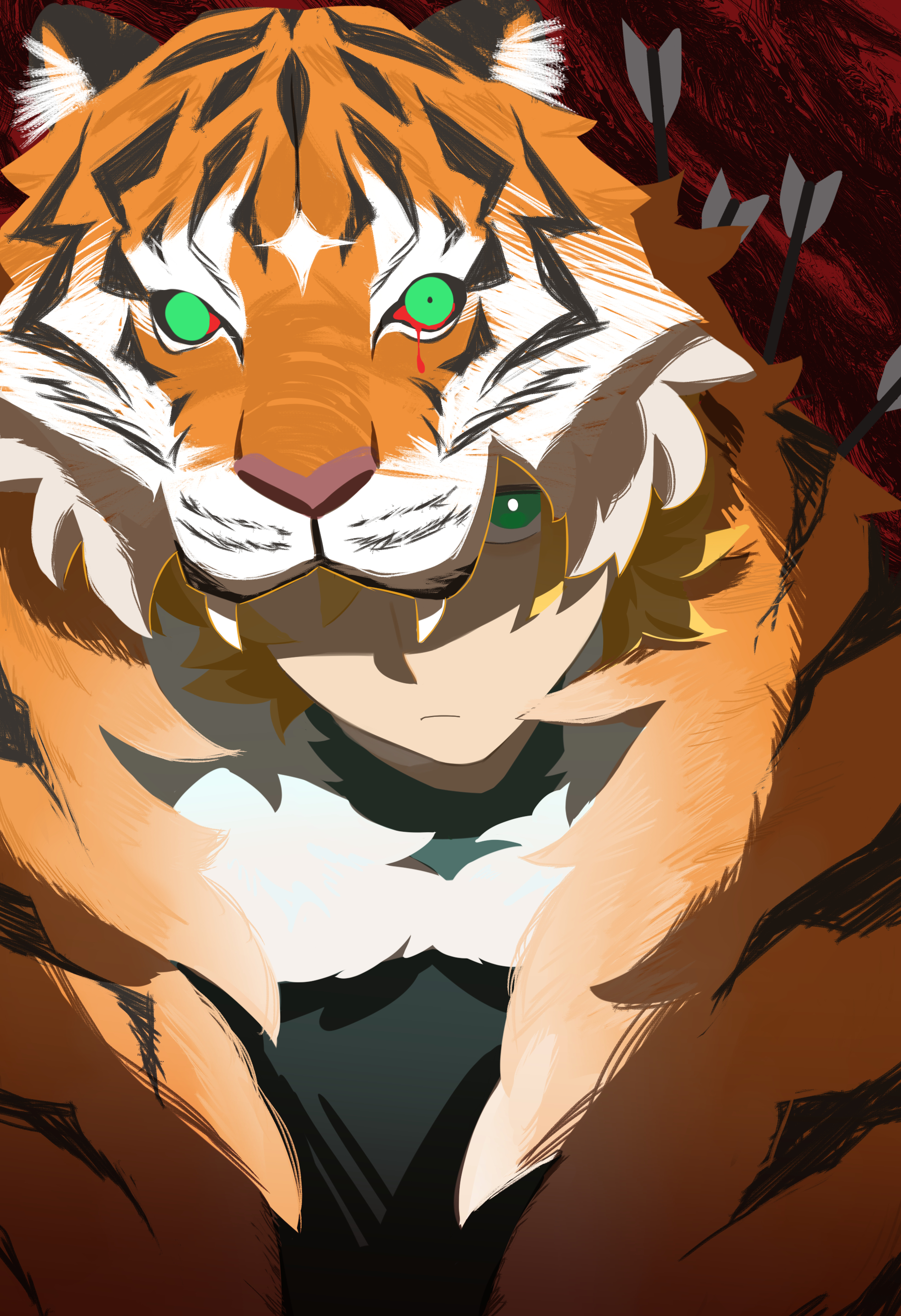takano daidokoro, daiba nana, shoujo kageki revue starlight, absurdres, highres, 1girl, animal, animal on head, arrow (projectile), blonde hair, bright pupils, closed mouth, from above, fur trim, green eyes, hair between eyes, jacket, looking at viewer, on head, one eye covered, short hair, short twintails, solo, striped fur, tiger, twintails, upper body, white pupils