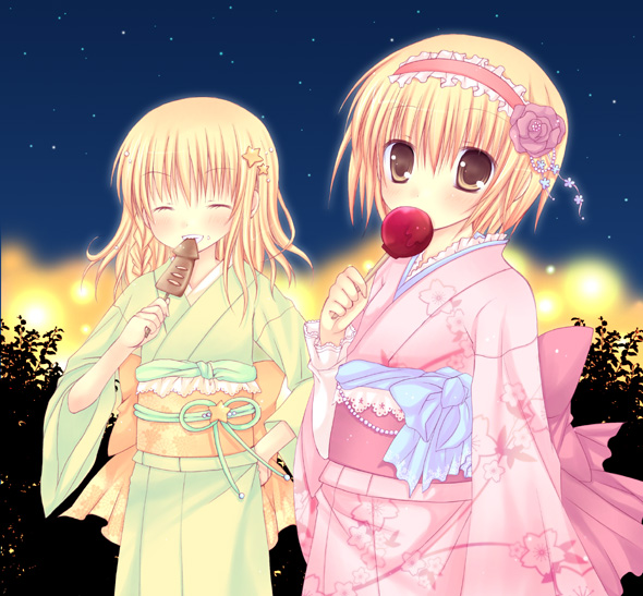 mizuse ruka, alice margatroid, kirisame marisa, touhou, bad id, bad pixiv id, 2girls, alternate costume, blonde hair, blush, brown eyes, candy apple, eating, female focus, flower, food, hair ornament, hairband, ikayaki, japanese clothes, kimono, long hair, multiple girls, obi, ribbon, rose, sash, short hair, star (symbol), star hair ornament
