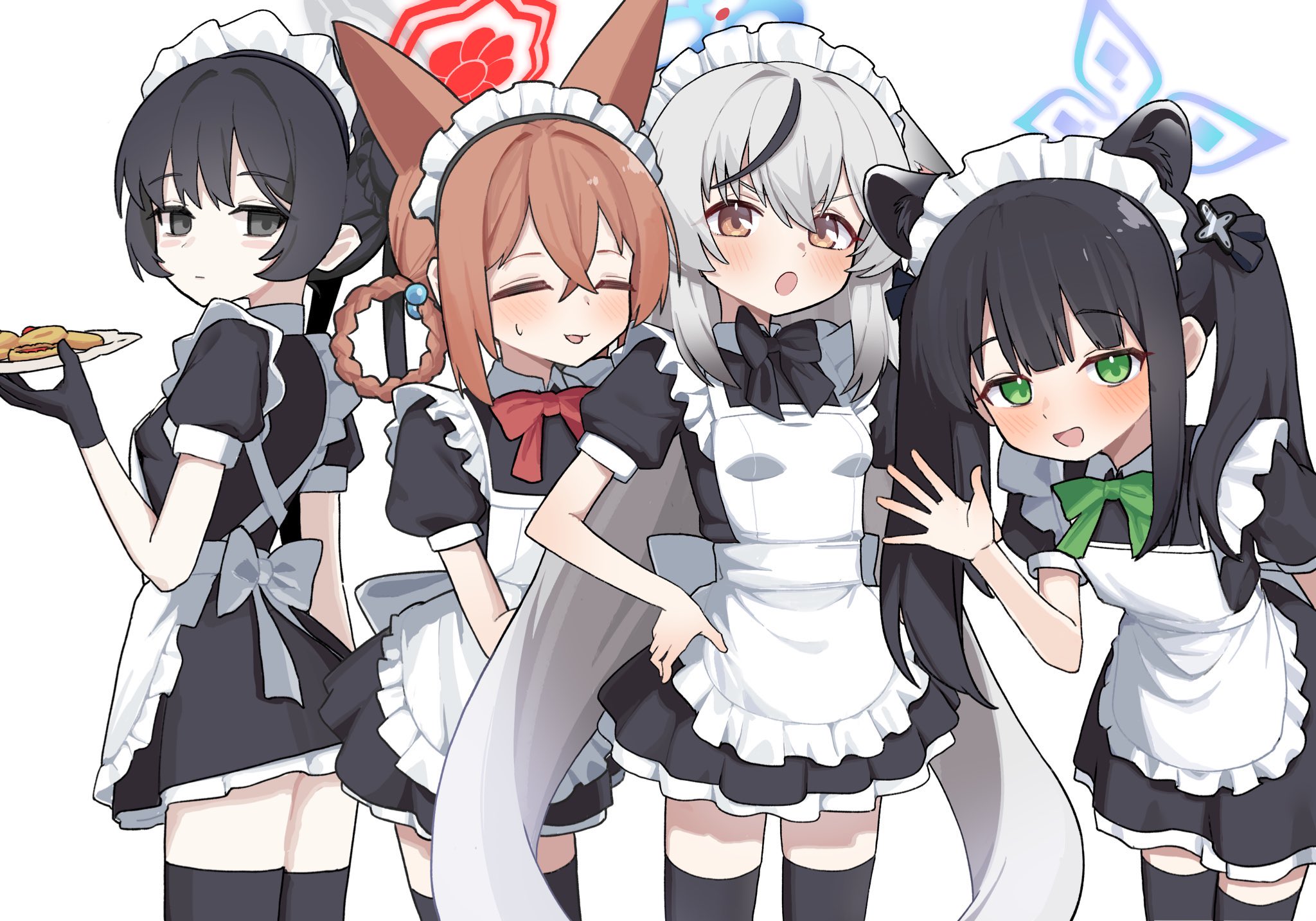 qusouzu mogari, kisaki (blue archive), kokona (blue archive), rumi (blue archive), rumi (small) (blue archive), shun (blue archive), shun (small) (blue archive), blue archive, commentary request, highres, 4girls, alternate costume, animal ears, apron, black hair, blue halo, dress, enmaided, green eyes, grey hair, grey halo, halo, long hair, maid, maid headdress, multiple girls, red halo, short sleeves, thighhighs, twintails