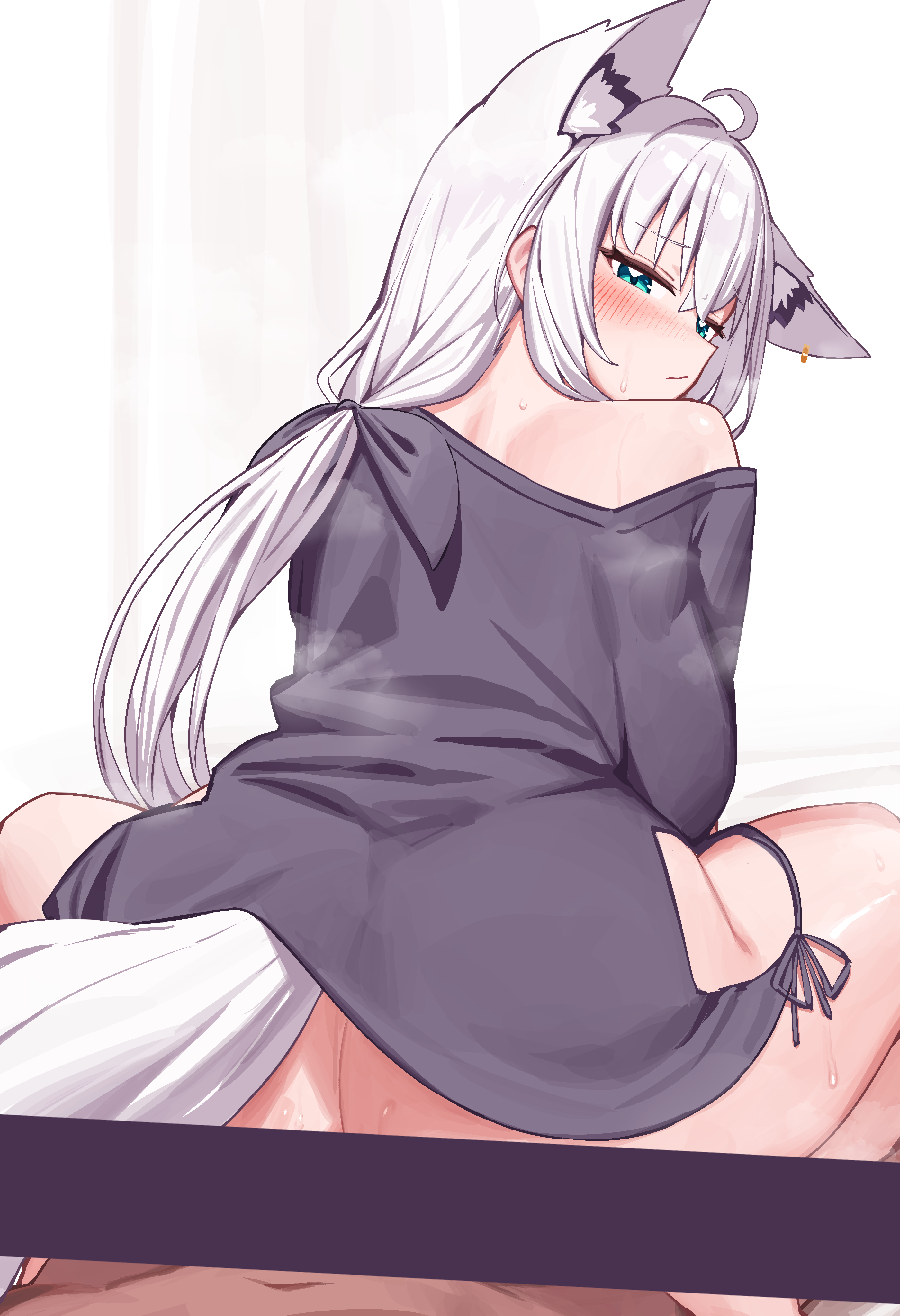 deaver, shirakami fubuki, hololive, absurdres, highres, 1boy, 1girl, animal ears, black ribbon, black shirt, censored, fox ears, fox girl, fox tail, girl on top, hair ribbon, long hair, looking at viewer, looking back, panties, pov, reverse cowgirl position, ribbon, sex, shirt, side-tie panties, solo focus, straddling, tail, underwear, virtual youtuber