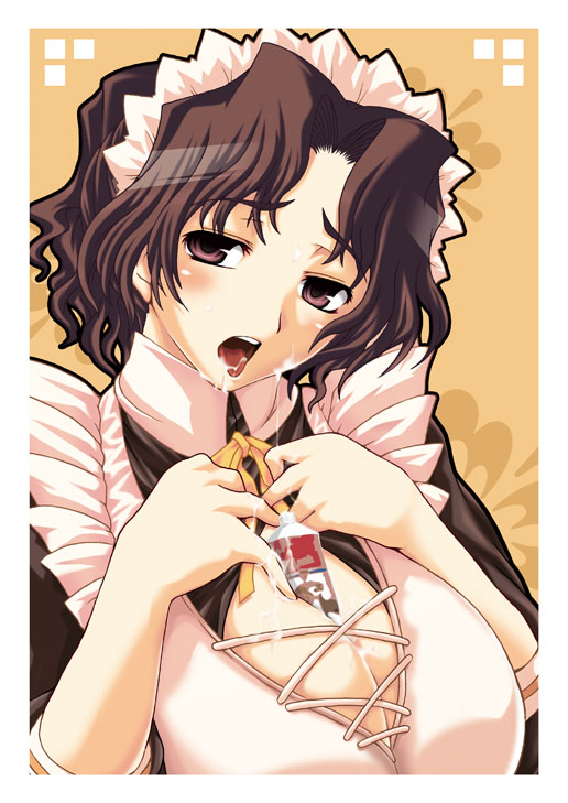 hasekura noizu, yuzuhara haruka, to heart (series), to heart 2, 00s, 1girl, between breasts, breasts, brown hair, cleavage, female focus, large breasts, maid, mature female, milk, sexually suggestive, short hair, solo, suggestive fluid