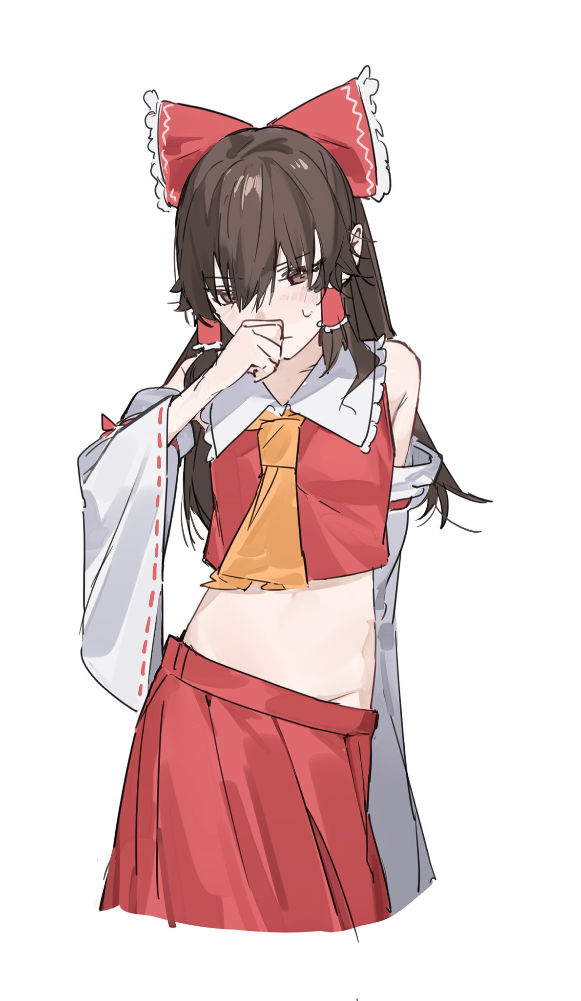 hakurei reimu, touhou, commentary, highres, 1girl, ascot, bare shoulders, bow, brown eyes, brown hair, covering own mouth, cropped shirt, detached sleeves, embarrassed, frilled bow, frilled hair tubes, frills, groin, hair bow, hair tubes, long hair, looking at viewer, lowleg, lowleg skirt, midriff, nontraditional miko, pleated skirt, red bow, red shirt, red skirt, ribbon-trimmed sleeves, ribbon trim, shirt, simple background, skirt, sleeveless, sleeveless shirt, solo, sweatdrop, takoyaki5221, white background, wide sleeves, yellow ascot