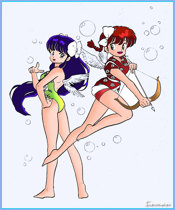 ranma-chan, saotome ranma, shampoo (ranma 1/2), ranma 1/2, gender request, 2girls, angel, angel wings, arrow (projectile), ass, bow (weapon), breasts, bubble, genderswap, multiple girls, retro artstyle, swimsuit, weapon, wings