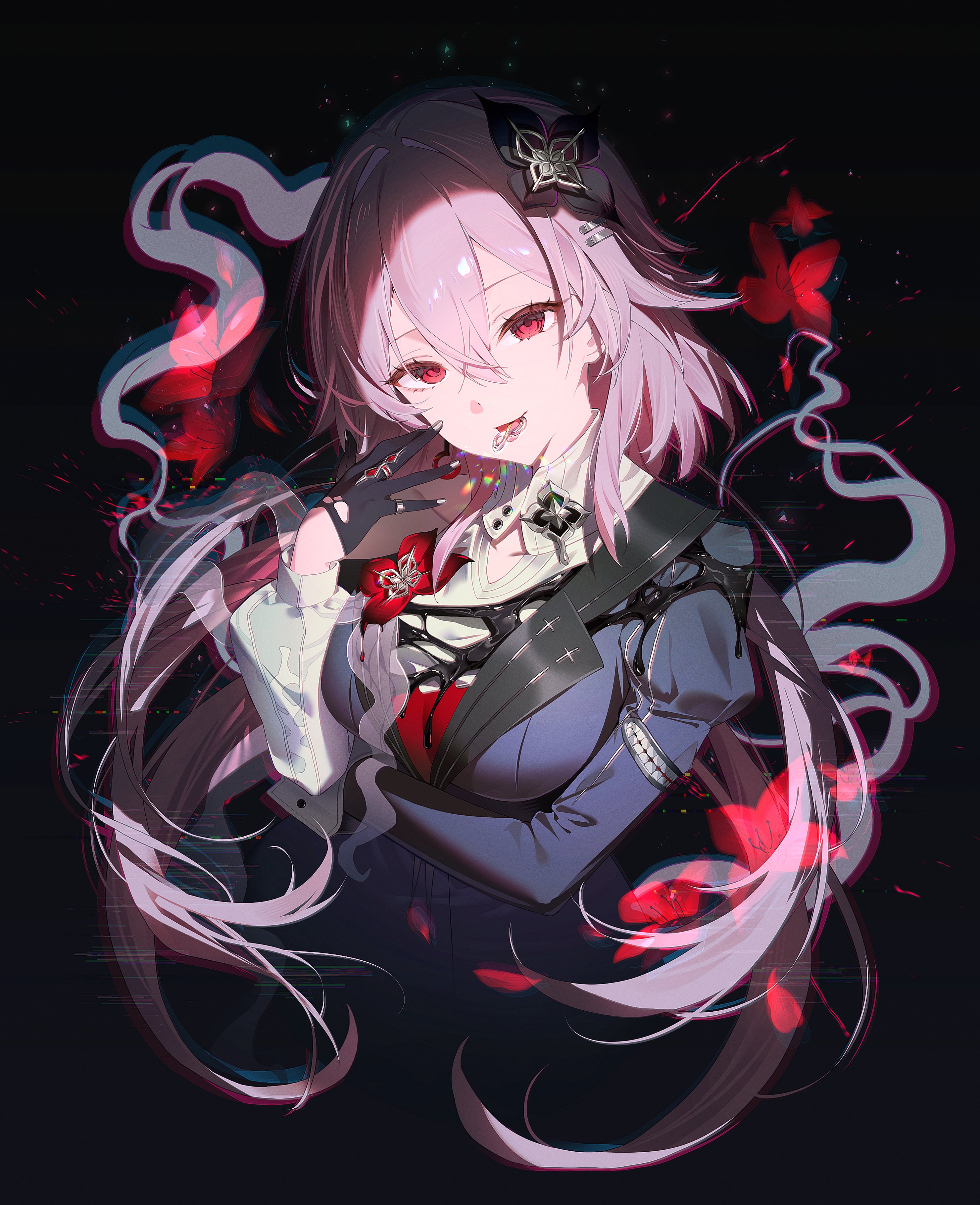 iei (yeahhiei), evernight (honkai: star rail), march 7th (honkai: star rail), honkai: star rail, honkai (series), absurdres, highres, 1girl, amphoreus (honkai: star rail), black dress, breasts, collar, dress, earrings, flower, gloves, grey nails, hair between eyes, hair flower, hair ornament, hairclip, jewelry, long hair, medium breasts, parallel hairclips, pink hair, red eyes, red flower, ring, single earring, upper body, very long hair, white collar