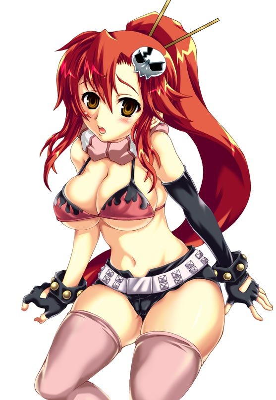 hasekura noizu, yoko littner, tengen toppa gurren lagann, 00s, 1girl, belt, bikini, bikini top only, blush, breasts, cleavage, female focus, fingerless gloves, gloves, hair ornament, large breasts, long hair, midriff, pink thighhighs, ponytail, red hair, scarf, shorts, solo, studded belt, swimsuit, thighhighs, yellow eyes