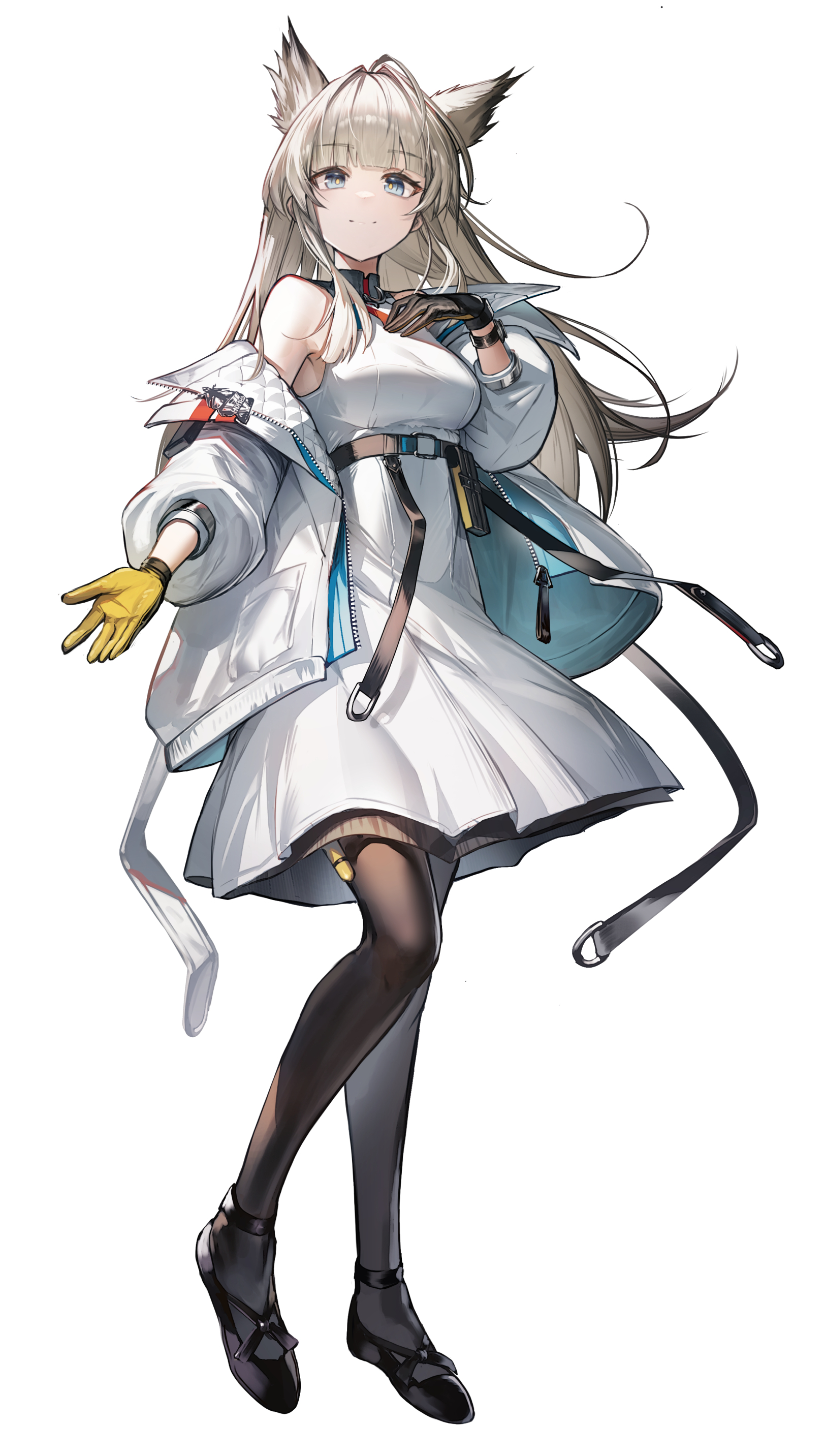 hiyaori (hiyahiyaval), perlica (arknights), arknights, arknights: endfield, absurdres, highres, 1girl, ahoge, animal ears, aqua eyes, black gloves, black pantyhose, blonde hair, dress, full body, gloves, hand on own chest, jacket, long hair, looking at viewer, off shoulder, open clothes, open hand, open jacket, pantyhose, sleeveless, sleeveless dress, smile, white dress, white jacket