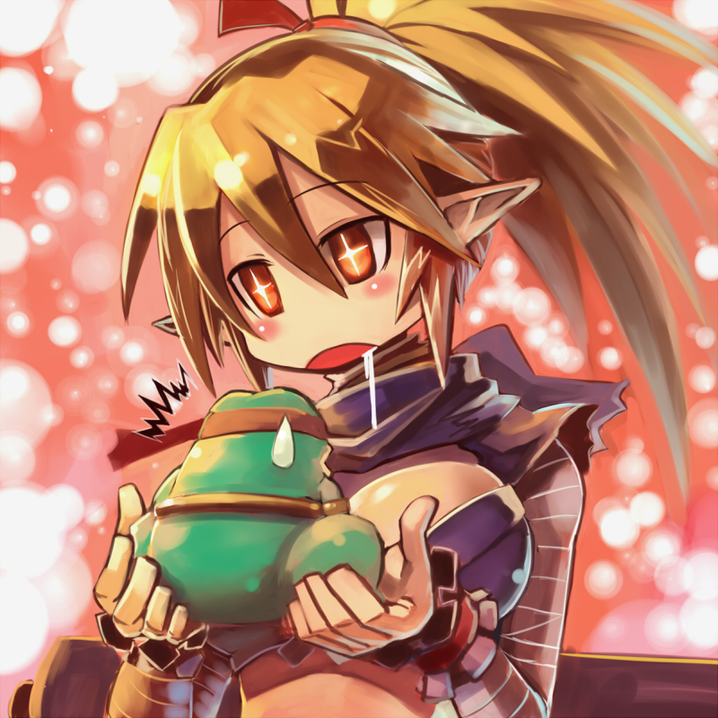 edobox, kunoichi (disgaea), ninja (disgaea), tsukikage, disgaea, makai senki disgaea 2, nippon ichi, prinny (series), prinny can i really be the hero?, prinny ~ore ga shujinkou de iinsuka?~, + +, 1girl, bandages, brown hair, frog, long hair, ninja, pointy ears, ponytail, prinny (seres), red eyes, saliva, surprised, sweatdrop