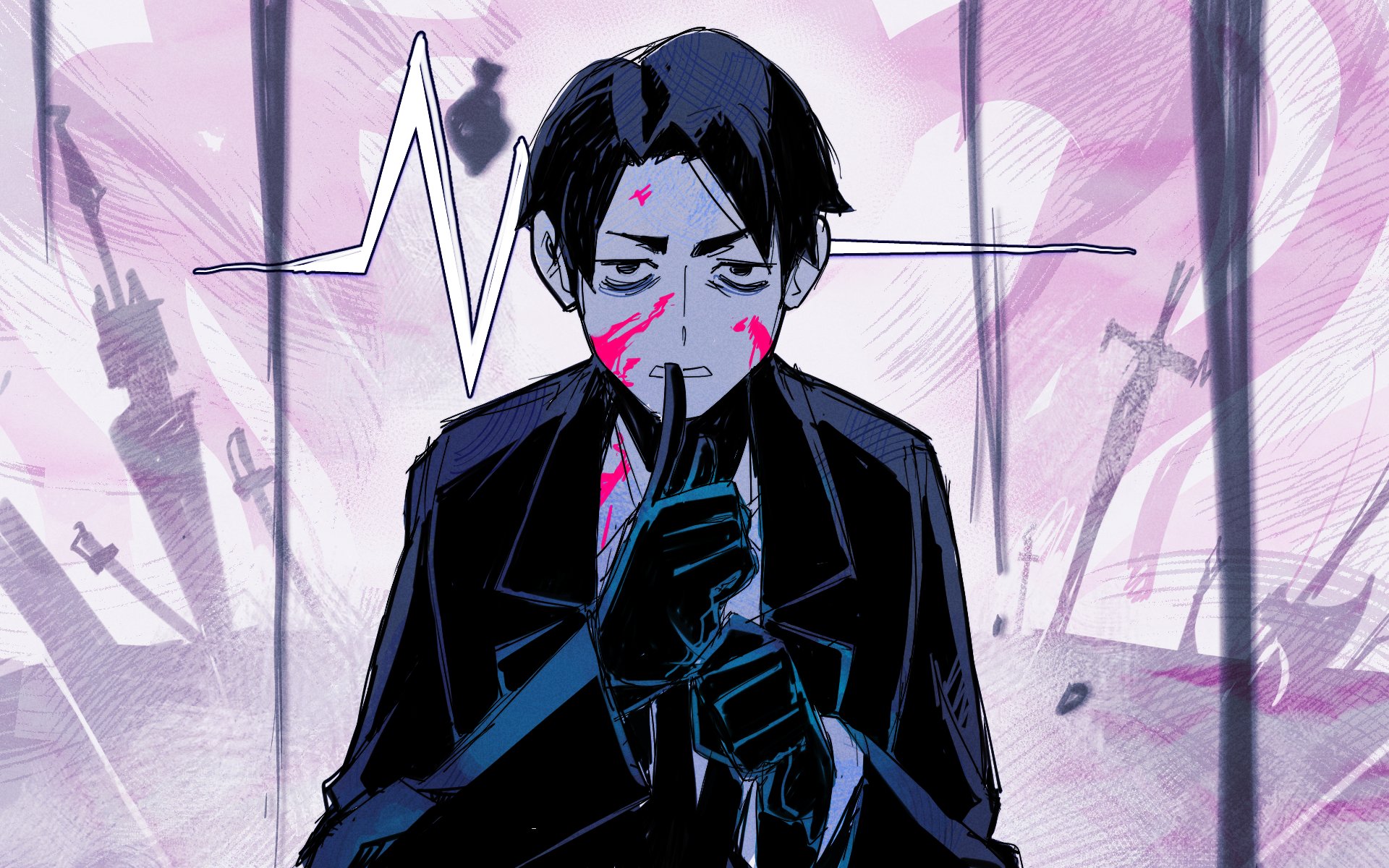 4th chaos emerald, roland (project moon), library of ruina, project moon, alt text, commission, highres, 1boy, axe, bags under eyes, black eyes, black gloves, black hair, black jacket, black necktie, blood, finger to mouth, gloves, hands up, index finger raised, jacket, lance, long sleeves, looking at viewer, male focus, necktie, pink blood, planted, planted sword, planted weapon, polearm, shirt, short hair, shushing, solo, sword, upper body, weapon, white shirt