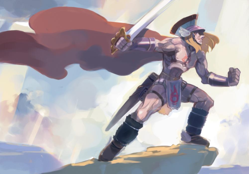 harada takehito, nippon ichi, phantom brave, tagme, bracer, dated, helmet, male focus, pelvic curtain, solo, sword, thigh strap, topless male, weapon
