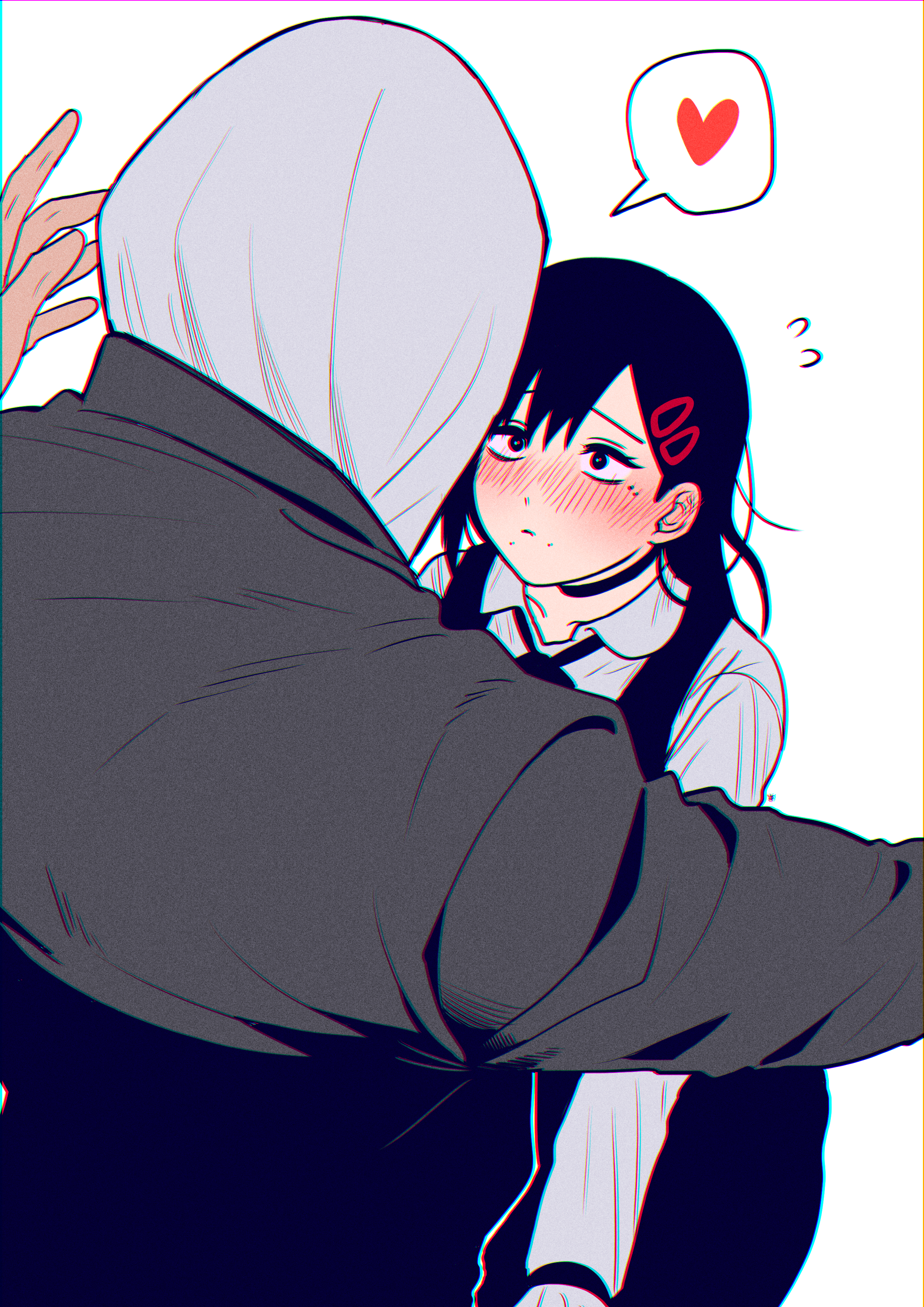 moina, higashiyama kobeni, violence fiend (chainsaw man), chainsaw man, absurdres, commentary request, highres, 1boy, 1girl, black choker, black dress, black hair, black jacket, blush, choker, dress, ear blush, facing another, flying sweatdrops, heart, hetero, hood, hood up, imminent hug, jacket, mole, mole under eye, multiple moles, nose blush, shirt, simple background, spoken heart, white background, white shirt