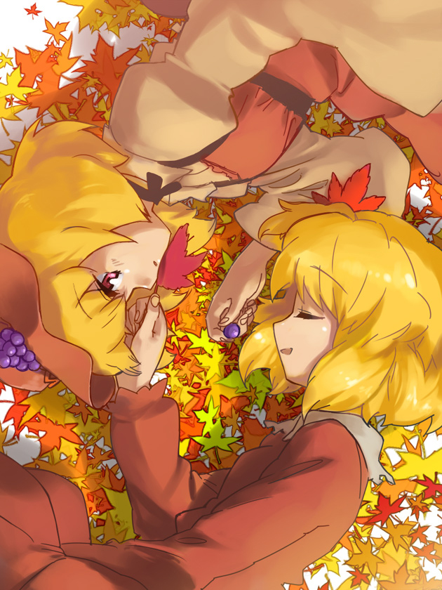 tonbi, aki minoriko, aki shizuha, touhou, bad id, bad pixiv id, 2girls, autumn leaves, female focus, hair ornament, leaf, leaf hair ornament, multiple girls, siblings, sisters