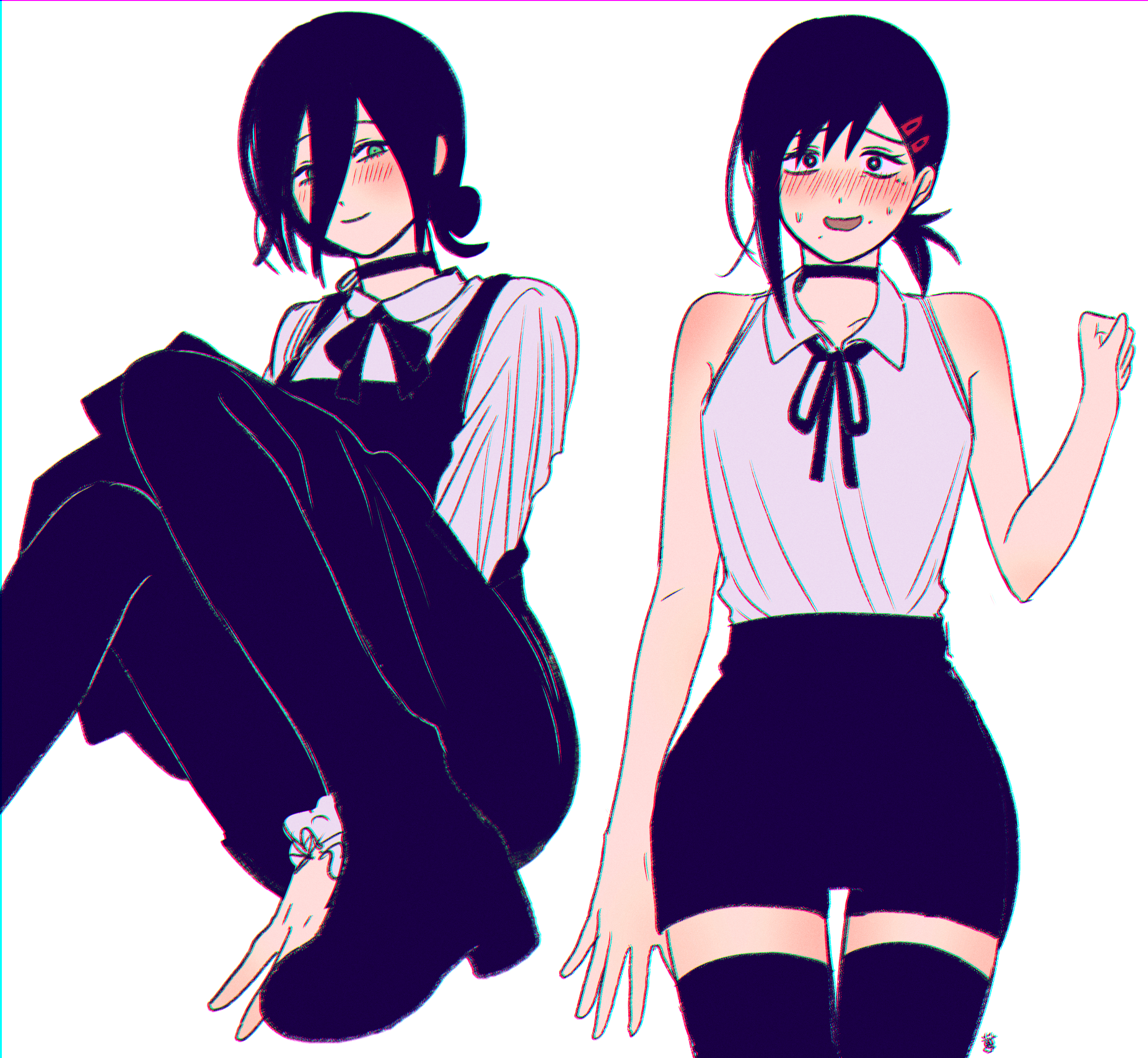 moina, higashiyama kobeni, reze (chainsaw man), chainsaw man, commentary, highres, 2girls, arm between legs, bare legs, black choker, black dress, black hair, black pantyhose, black ribbon, black shorts, black thighhighs, blush, choker, collared shirt, cosplay, costume switch, dress, grenade pin, hair between eyes, higashiyama kobeni (cosplay), knees up, long hair between eyes, looking at viewer, mole, mole under eye, multiple girls, multiple moles, neck ribbon, nervous smile, nose blush, pantyhose, pinafore dress, ponytail, reze (chainsaw man) (cosplay), ribbon, shirt, shirt tucked in, shorts, simple background, single sidelock, sitting, sleeveless, sleeveless dress, sleeveless shirt, smile, sweatdrop, thighhighs, white background, white shirt