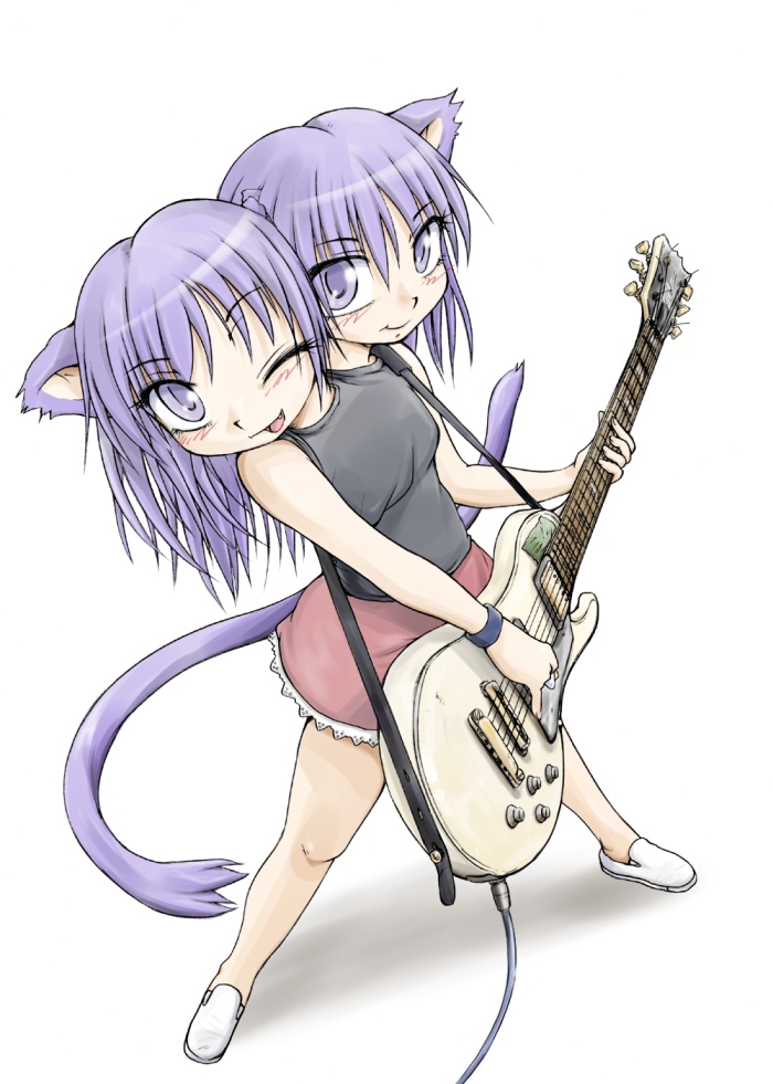 agent orange, aor saiun, original, 2girls, animal ears, cat ears, cat tail, conjoined, guitar, instrument, multiple girls, multiple heads, nene koko, one eye closed, purple eyes, purple hair, simple background, skirt, tail, white background, wink