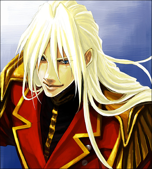 kumo nokai, kumo yuki suke, milliardo peacecraft, zechs merquise, gundam, gundam wing, bad id, bad pixiv id, 1990s (style), 1boy, armor, blue eyes, collar, long hair, looking at viewer, male focus, military, military uniform, retro artstyle, shoulder pads, solo, upper body, very long hair, white hair