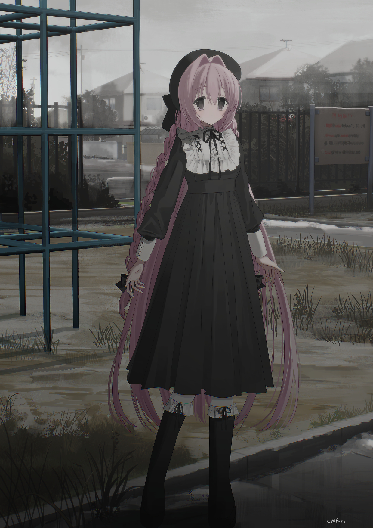 chihuri, original, commentary request, highres, 1girl, beret, black boots, black bow, black dress, black hat, boots, bow, braid, building, closed mouth, dress, fence, frilled boots, frills, full body, hair between eyes, hair bow, hair intakes, hat, long hair, long sleeves, looking at viewer, nea (chihuri), outdoors, overcast, pink hair, puffy long sleeves, puffy sleeves, purple eyes, sign, signature, sky, solo, standing, twin braids, very long hair, window