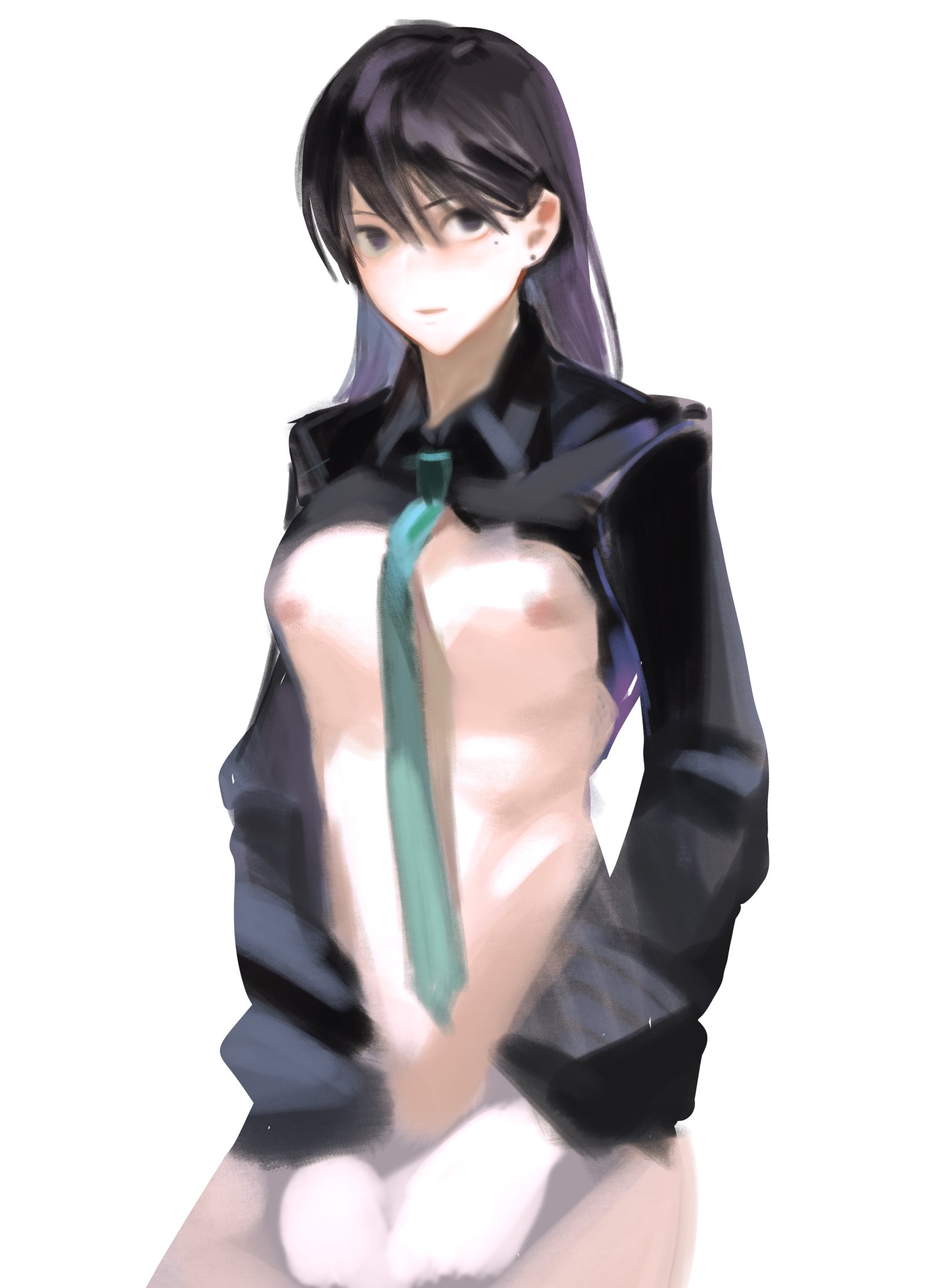 cracy logan, shiina taki, bang dream!, bang dream! it's mygo!!!!!, commentary, highres, symbol-only commentary, 1girl, black hair, black shirt, breasts, clothes lift, hair between eyes, medium breasts, mole, mole under eye, nipples, purple eyes, shirt, shirt lift, simple background, solo, white background