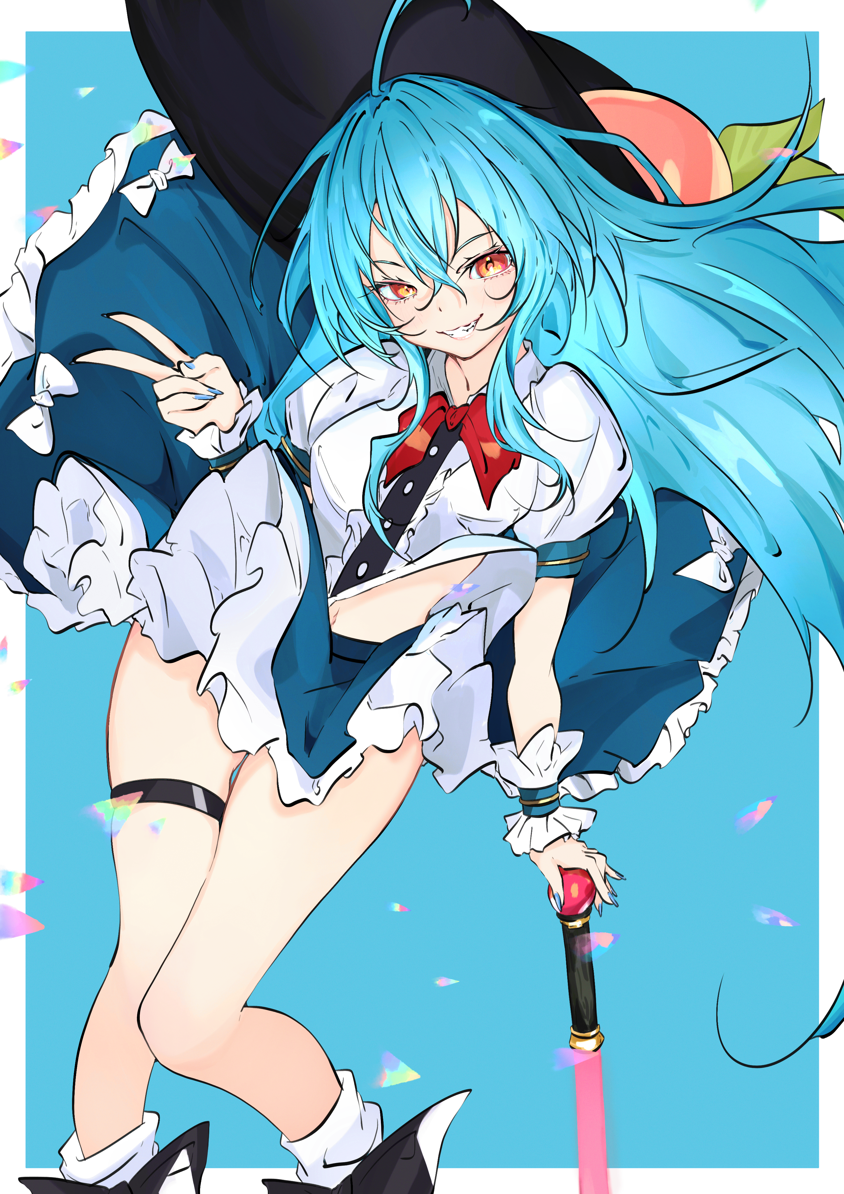 unanooo (fthx7532), hinanawi tenshi, touhou, absurdres, commentary, highres, 1girl, belt, black hat, blue background, blue nails, blue skirt, border, clothes lift, crossed bangs, frilled skirt, frilled wrist cuffs, frills, hair between eyes, hat, long hair, looking at viewer, nail polish, orange eyes, outside border, puffy short sleeves, puffy sleeves, shirt, shirt lift, short sleeves, simple background, skirt, skirt lift, smile, smug, socks, solo, thigh belt, thigh strap, thighs, v, white border, white shirt, white socks, wrist cuffs