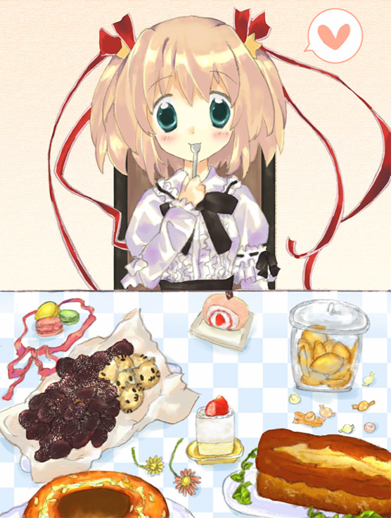kamikita komari, little busters!, blonde hair, candy, dress, eating, food, green eyes, heart, macaron, pastry, ribbon, short hair, solo, twintails