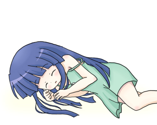 sakuramori sumomo, furude rika, higurashi no naku koro ni, lowres, 00s, 1girl, blue hair, female focus, green skirt, long hair, lying, skirt, sleeping, solo