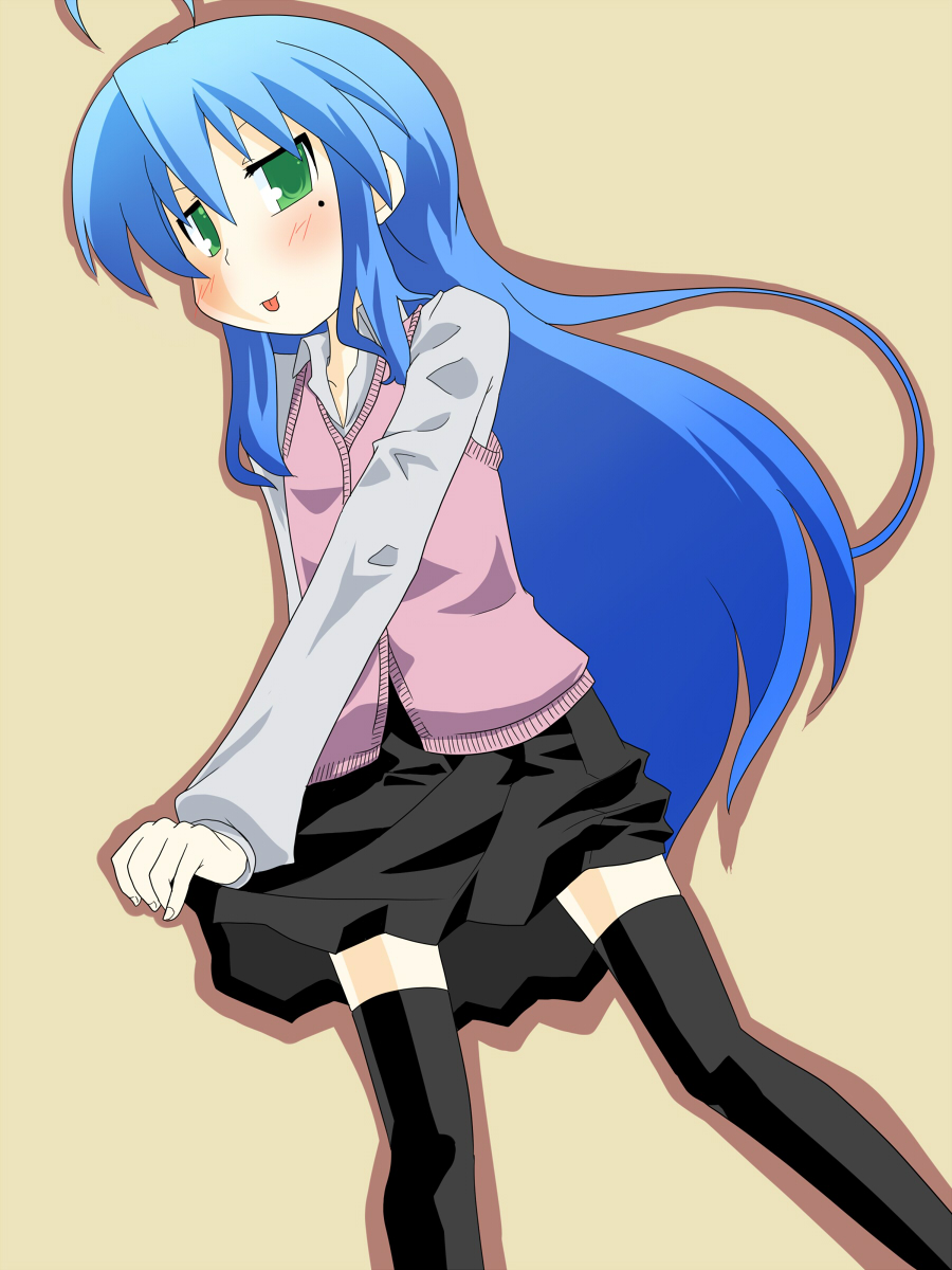 hujikok, izumi konata, lucky star, bad id, bad pixiv id, highres, 00s, 1girl, ahoge, blue hair, blush, casual, female focus, green eyes, long hair, mole, mole under eye, skirt, solo, thighhighs, tongue, very long hair, zettai ryouiki