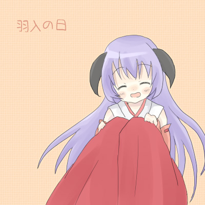 sakuramori sumomo, hanyuu, higurashi no naku koro ni, lowres, 00s, 1girl, detached sleeves, female focus, hakama, hakama skirt, horns, japanese clothes, long hair, miko, purple hair, red hakama, skirt, solo