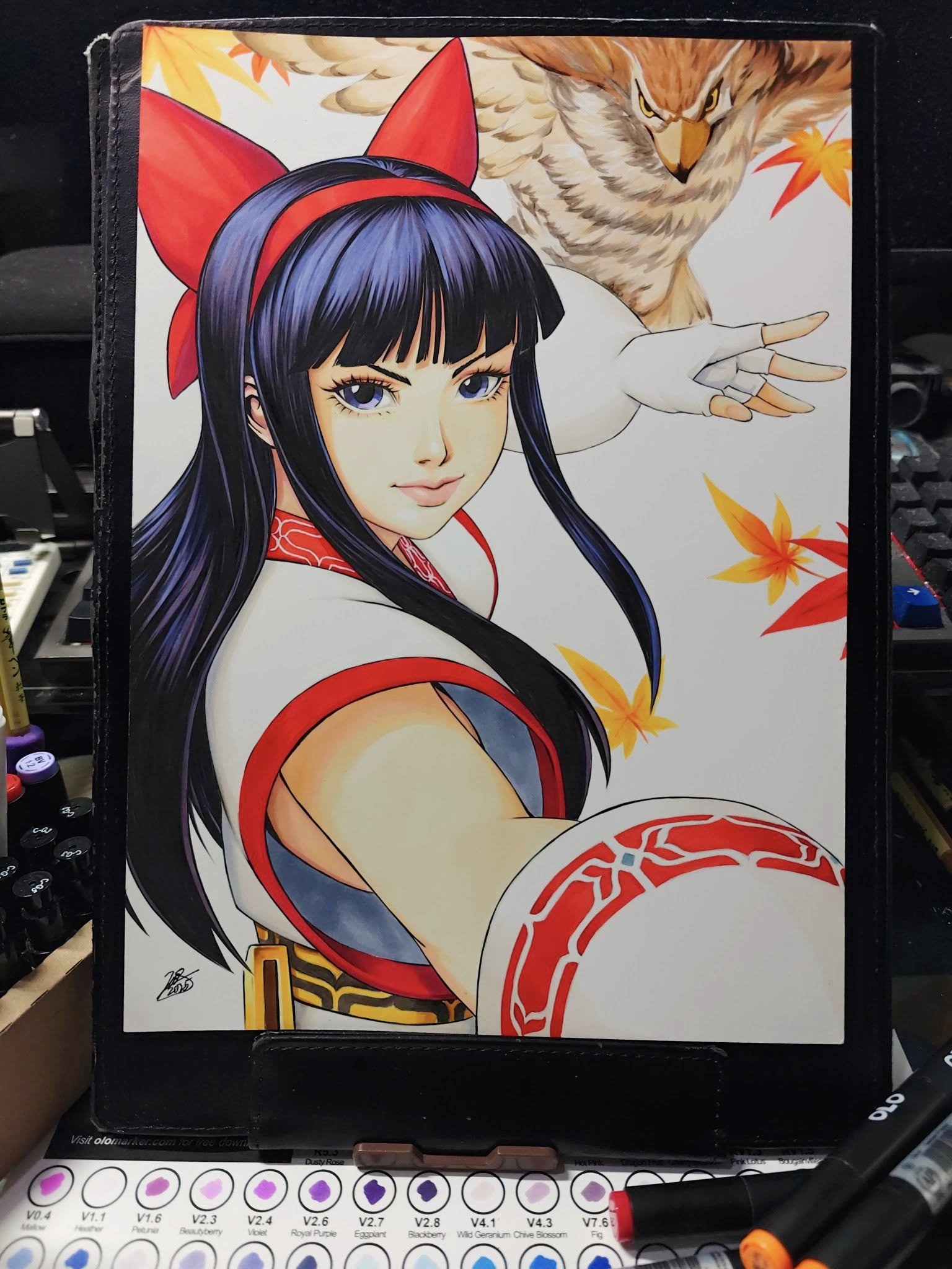 mamahaha, nakoruru, samurai spirits, snk, the king of fighters, the king of fighters xiv, highres, traditional media, 1girl, ainu clothes, autumn leaves, black hair, fingerless gloves, gloves, hair ribbon, leaf, long hair, looking at viewer, outstretched arm, pink lips, purple eyes, ribbon, smile