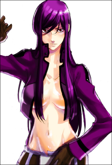 kumo nokai, kumo yuki suke, tieria erde, gundam, gundam 00, bad id, bad pixiv id, gender request, 00s, 1girl, female focus, genderswap, long hair, purple hair, red eyes, solo