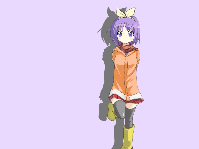 asa (vocaloid2), hiiragi tsukasa, lucky star, 00s, 1girl, blue eyes, boots, casual, female focus, hair ribbon, miniskirt, purple hair, ribbon, short hair, skirt, solo, thighhighs, zettai ryouiki
