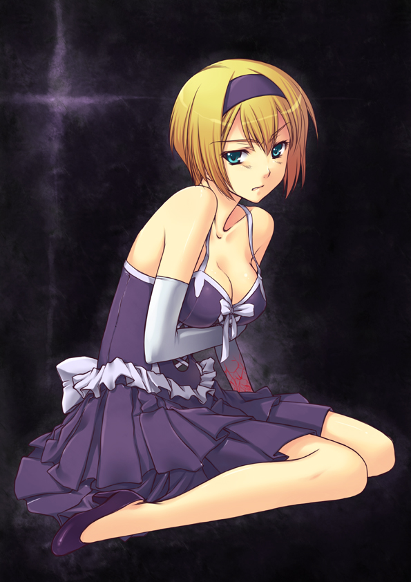 nekobabotan, louise halevy, gundam, gundam 00, breast hold, bad id, bad pixiv id, 00s, 1girl, bare shoulders, blonde hair, blue eyes, bow, breasts, collarbone, dress, elbow gloves, female focus, frills, gloves, hairband, high heels, kneeling, knees, legs, plaid clothes, plaid skirt, pleated skirt, purple dress, purple skirt, ribbon, shoes, short hair, skirt, solo