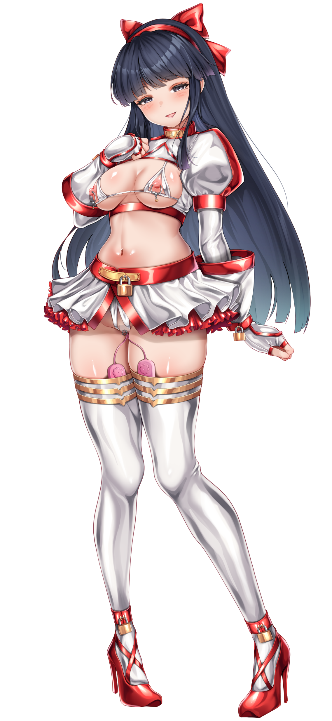 nakoruru, samurai spirits, snk, the king of fighters, highres, 1girl, alternate costume, bikini, black hair, blush, breasts, chinese clothes, clitoris piercing, clothing aside, grey eyes, hair ribbon, half-closed eyes, hand on own chest, high heels, in heat, large breasts, legs, long hair, midriff, naughty face, navel, nipple piercing, nipples, open mouth, panties, panties aside, piercing, pink lips, pussy, pussy piercing, ribbon, sex toy, skirt, smile, solo, swimsuit, thighs, tongue, underwear, vibrator